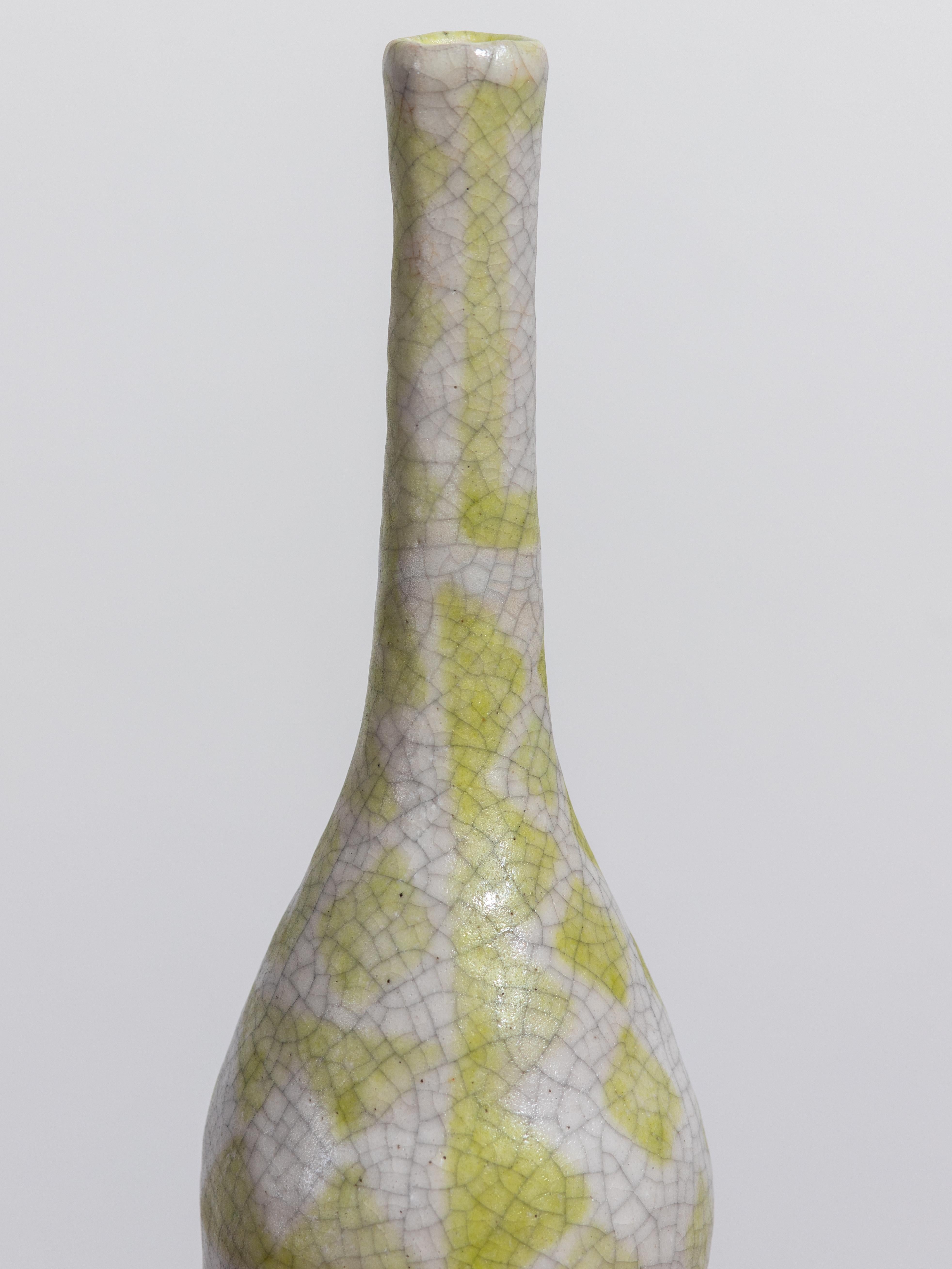 Mid-20th Century Guido Gambone Ceramic Bottle Vase in Chartreuse Geometric Decor  For Sale