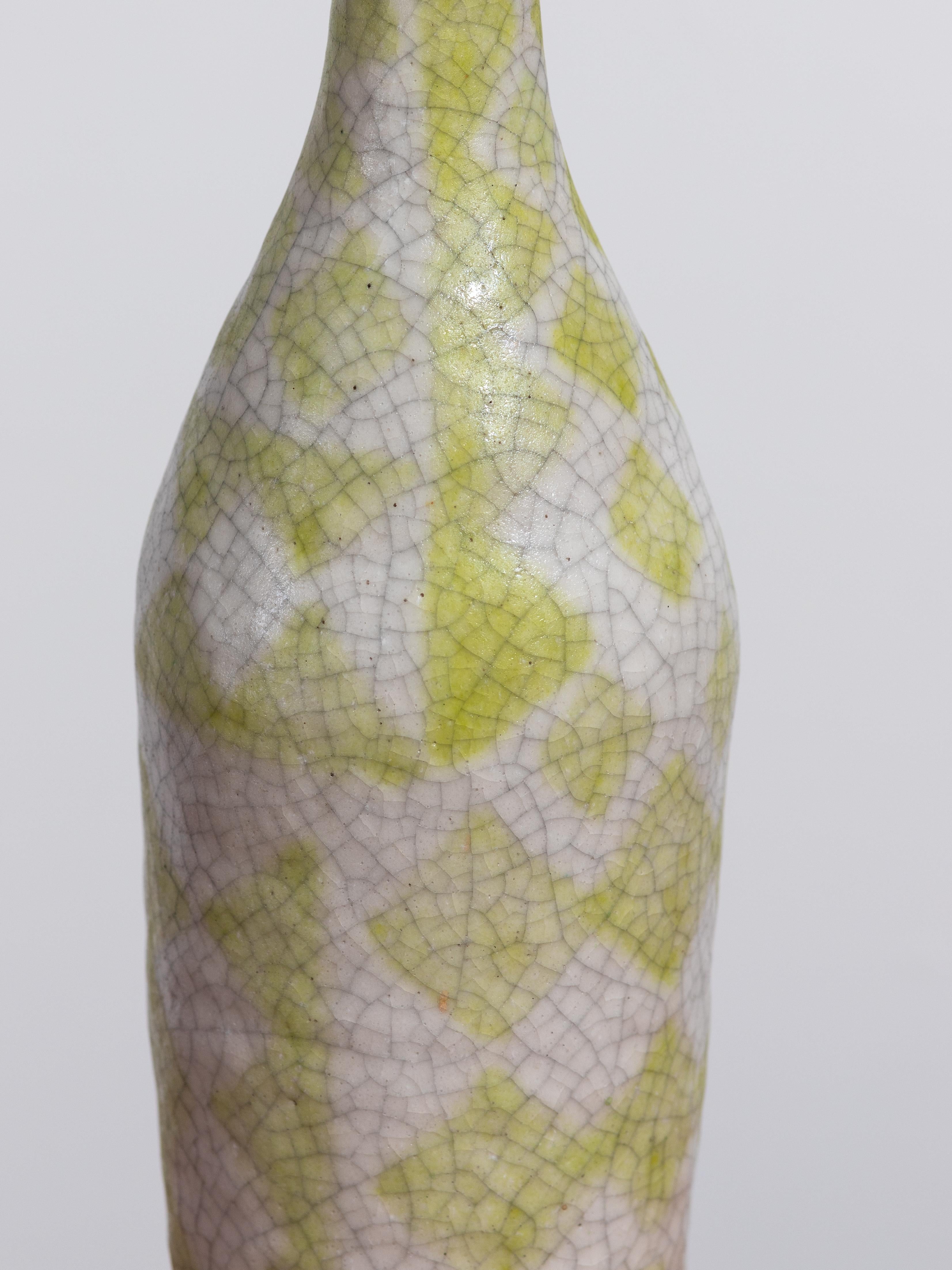 Stoneware Guido Gambone Ceramic Bottle Vase in Chartreuse Geometric Decor  For Sale