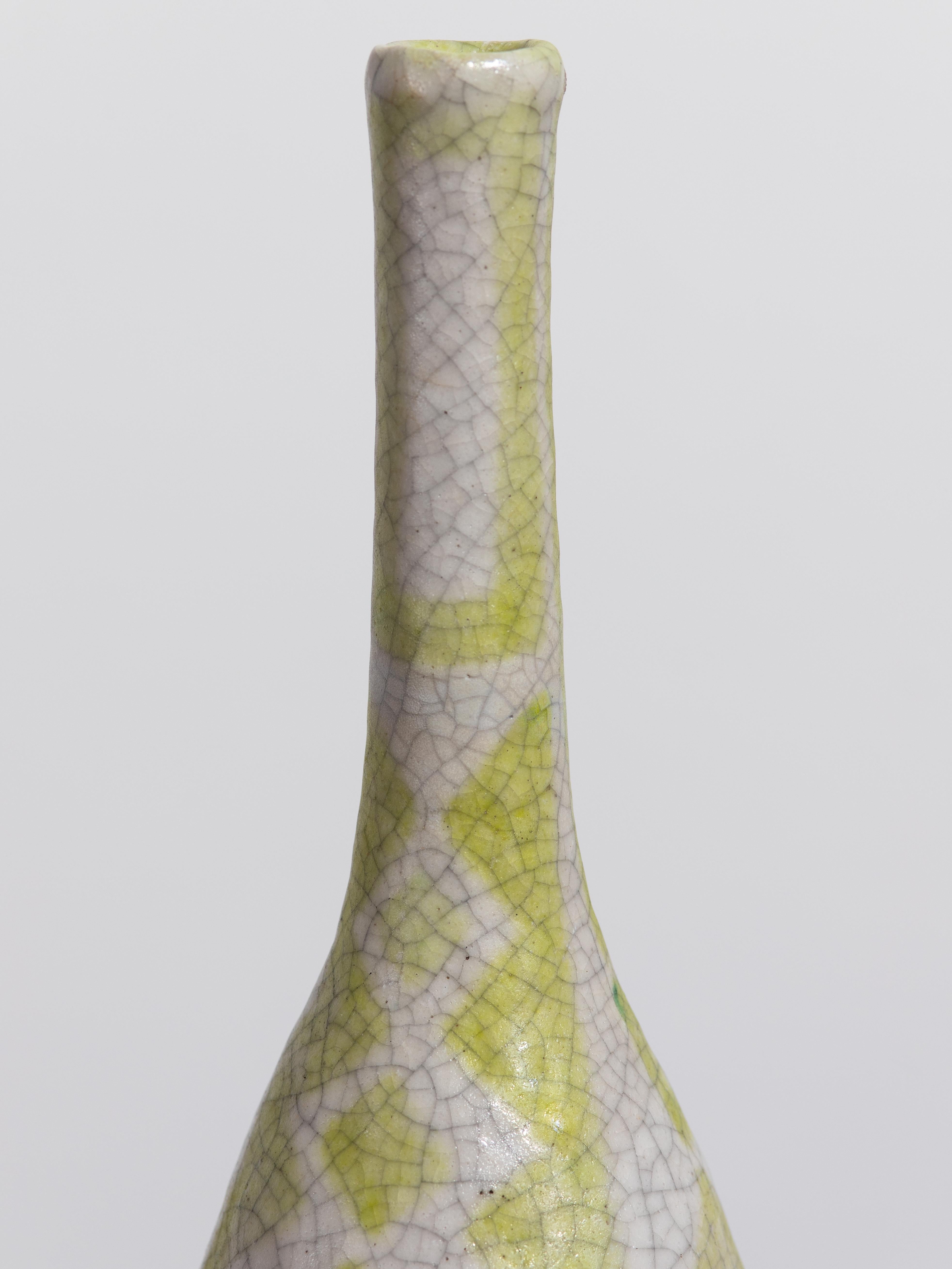Guido Gambone Ceramic Bottle Vase in Chartreuse Geometric Decor  For Sale 1