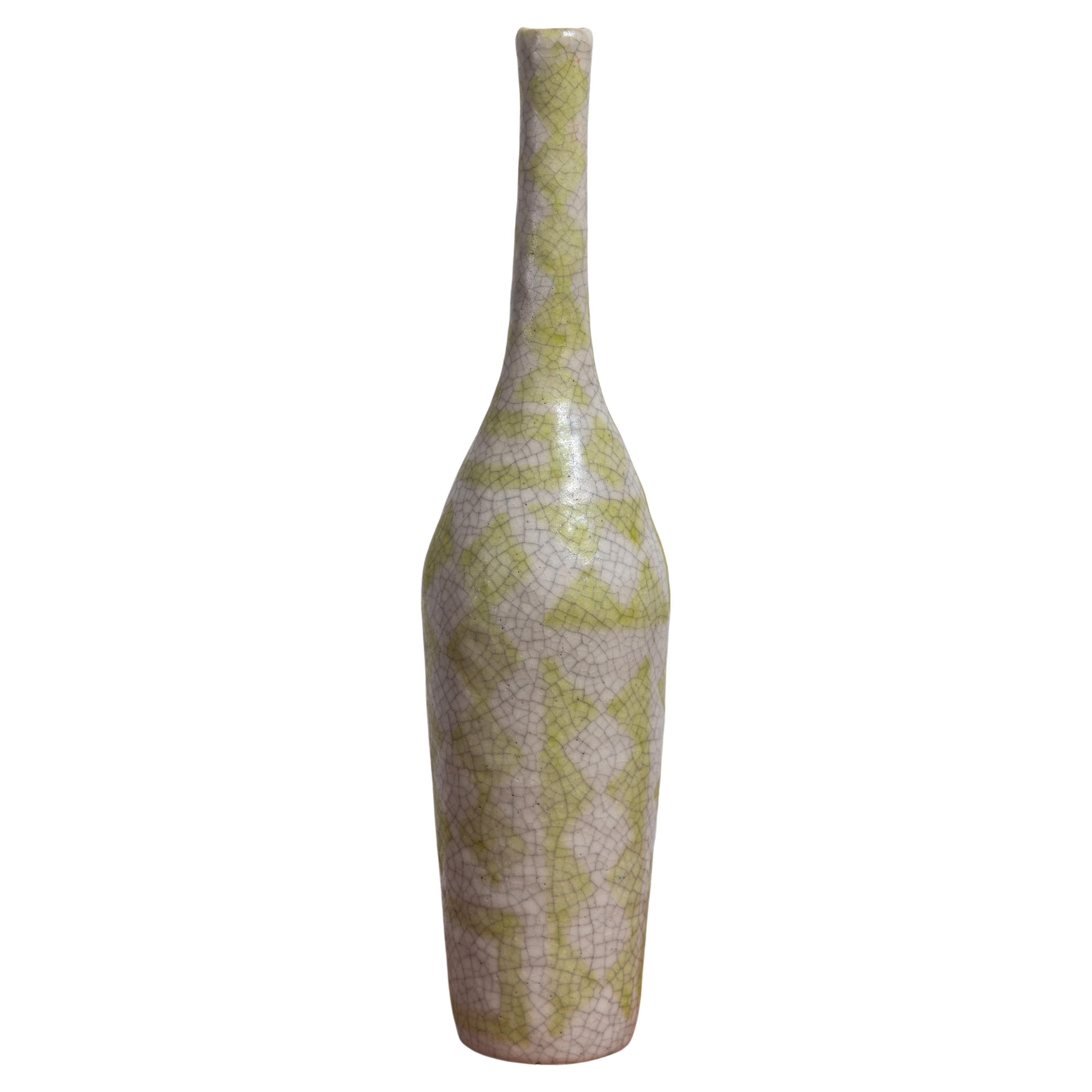 Guido Gambone Ceramic Bottle Vase in Chartreuse Geometric Decor 