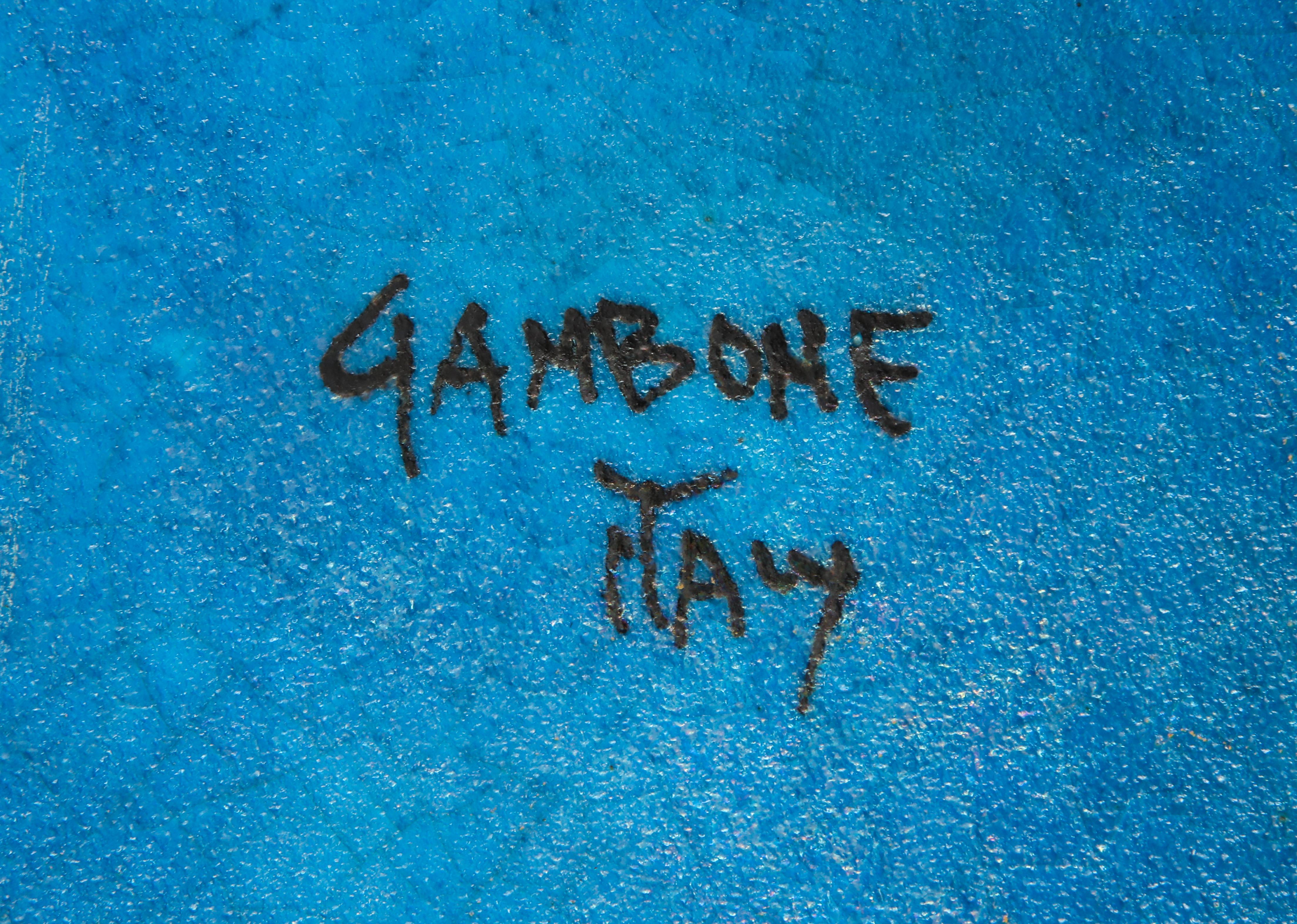 Bol Gambone, céramique, œil de bœuf, rayures bleues, signé en vente 3