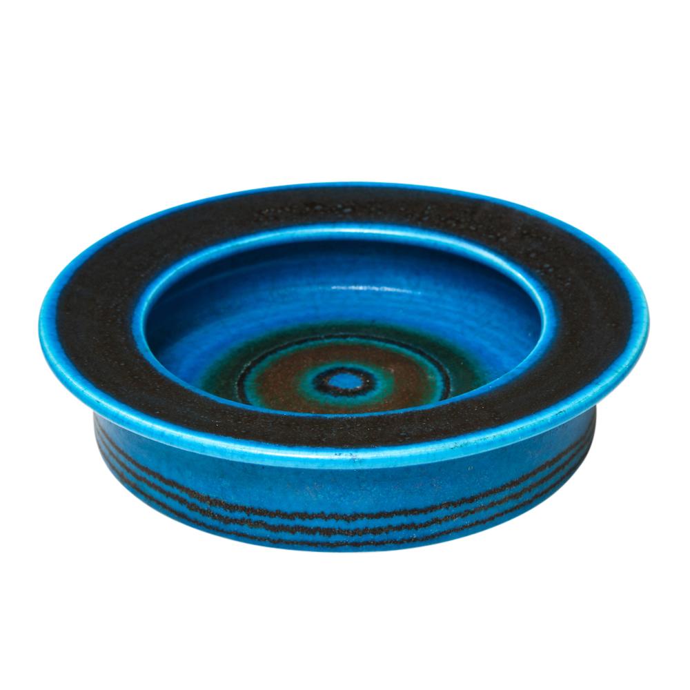 Gambone bowl, ceramic, blue stripes, signed. Small stoneware bowl with contrasting light and dark blue glaze and burnt umber bullseye decoration. Signed 