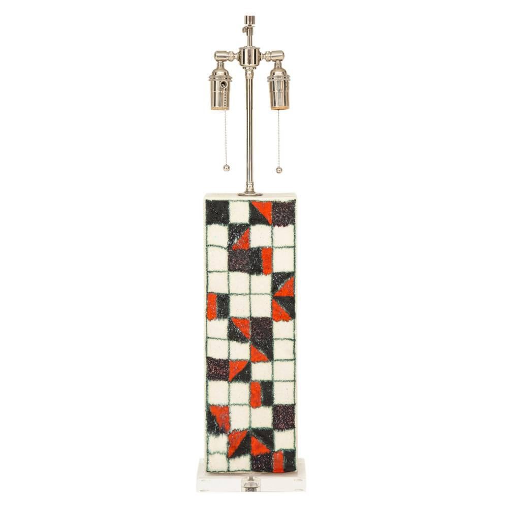 Mid-Century Modern Guido Gambone Lamp, Ceramic, Patchwork, Geometric, Red, Black, Signed For Sale