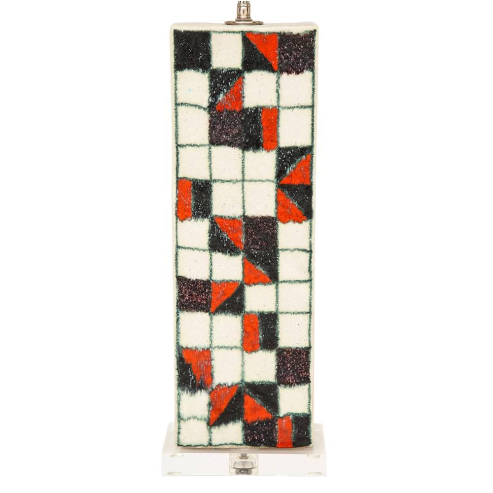 Italian Guido Gambone Lamp, Ceramic, Patchwork, Geometric, Red, Black, Signed