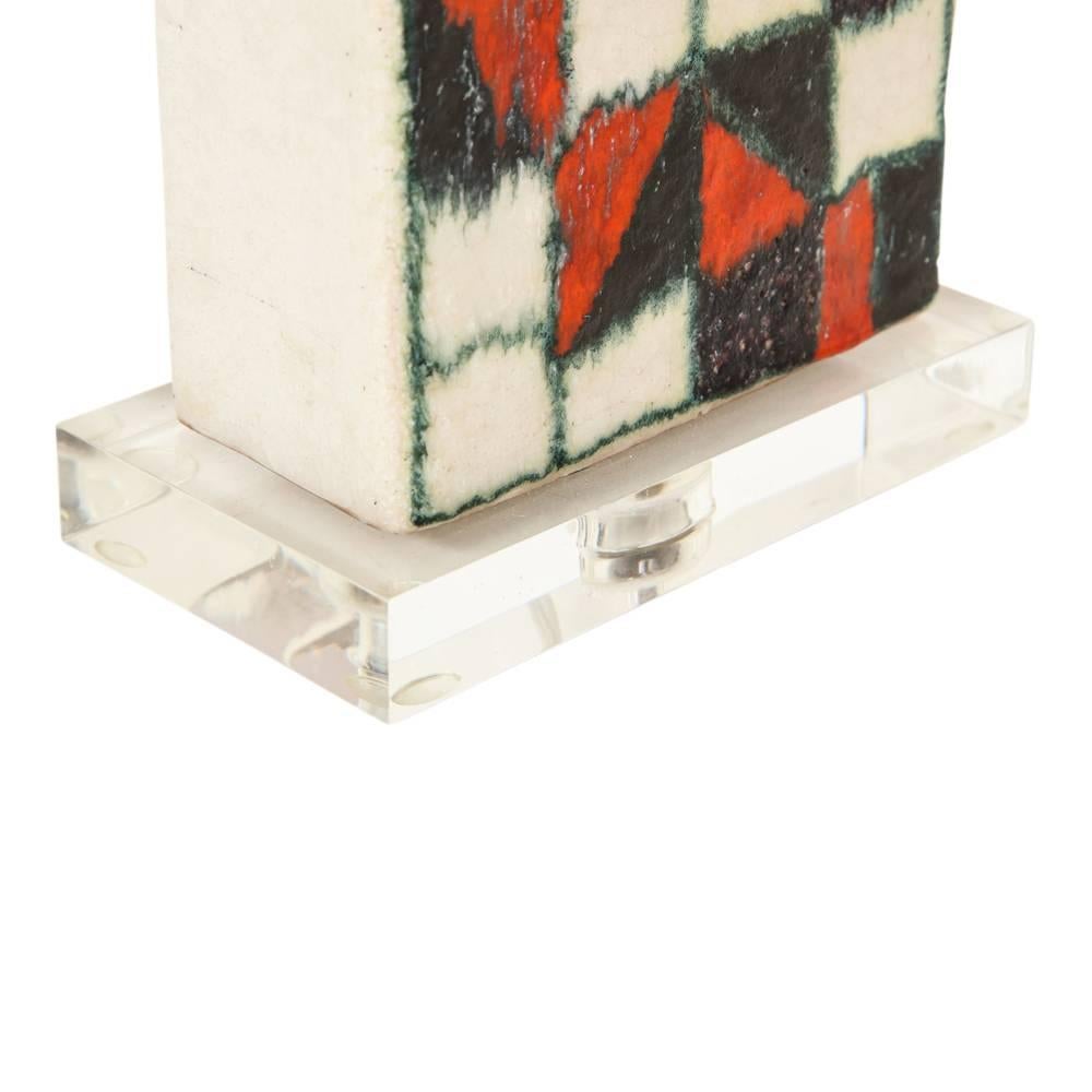Guido Gambone Lamp, Ceramic, Patchwork, Geometric, Red, Black, Signed In Good Condition For Sale In New York, NY