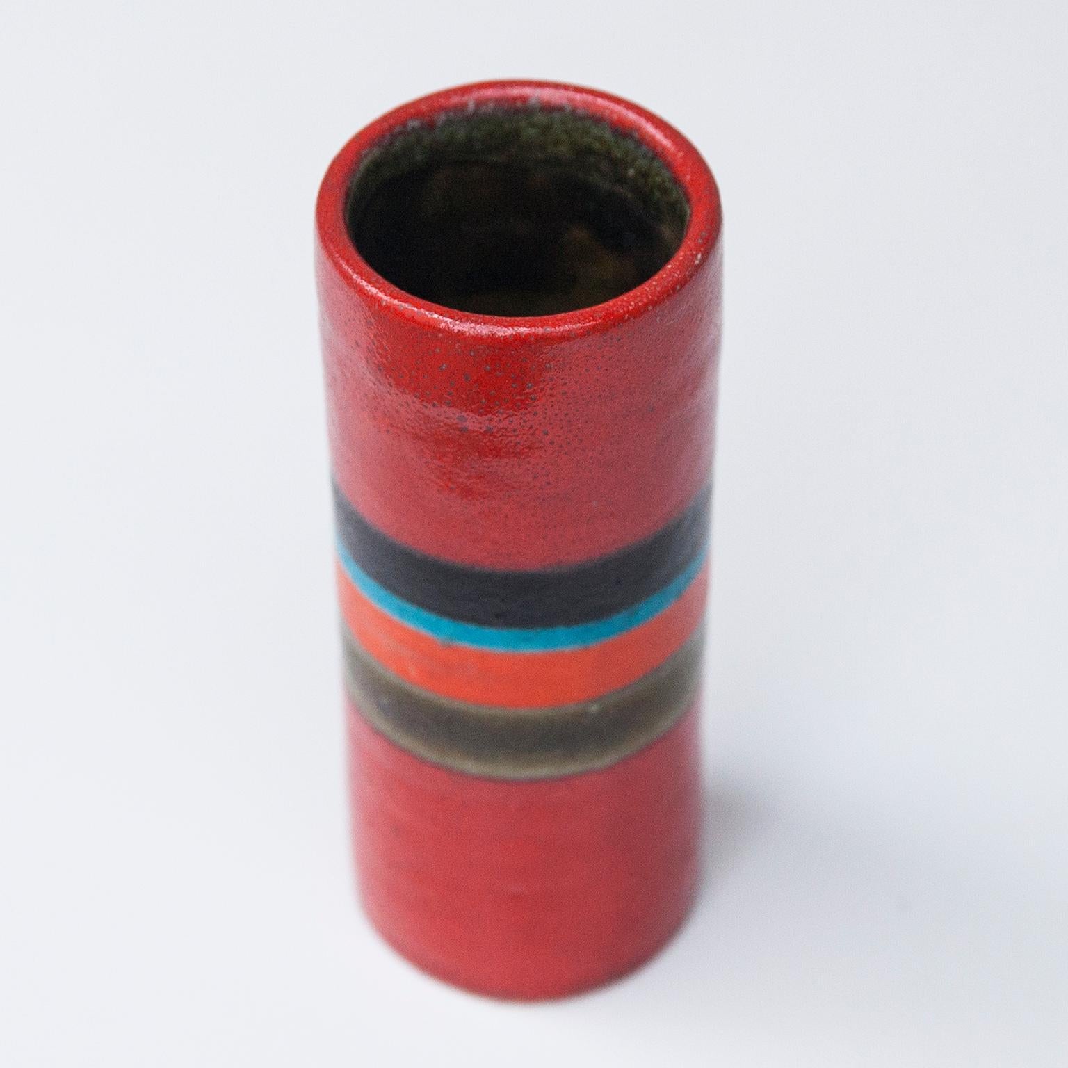 Guido Gambone red, green, orange, blue, black glazed stoneware vase from 1960s.