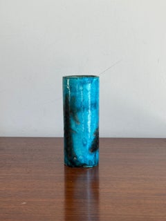 Guido Gambone cylinder vase in blue and black ceramic, Italy