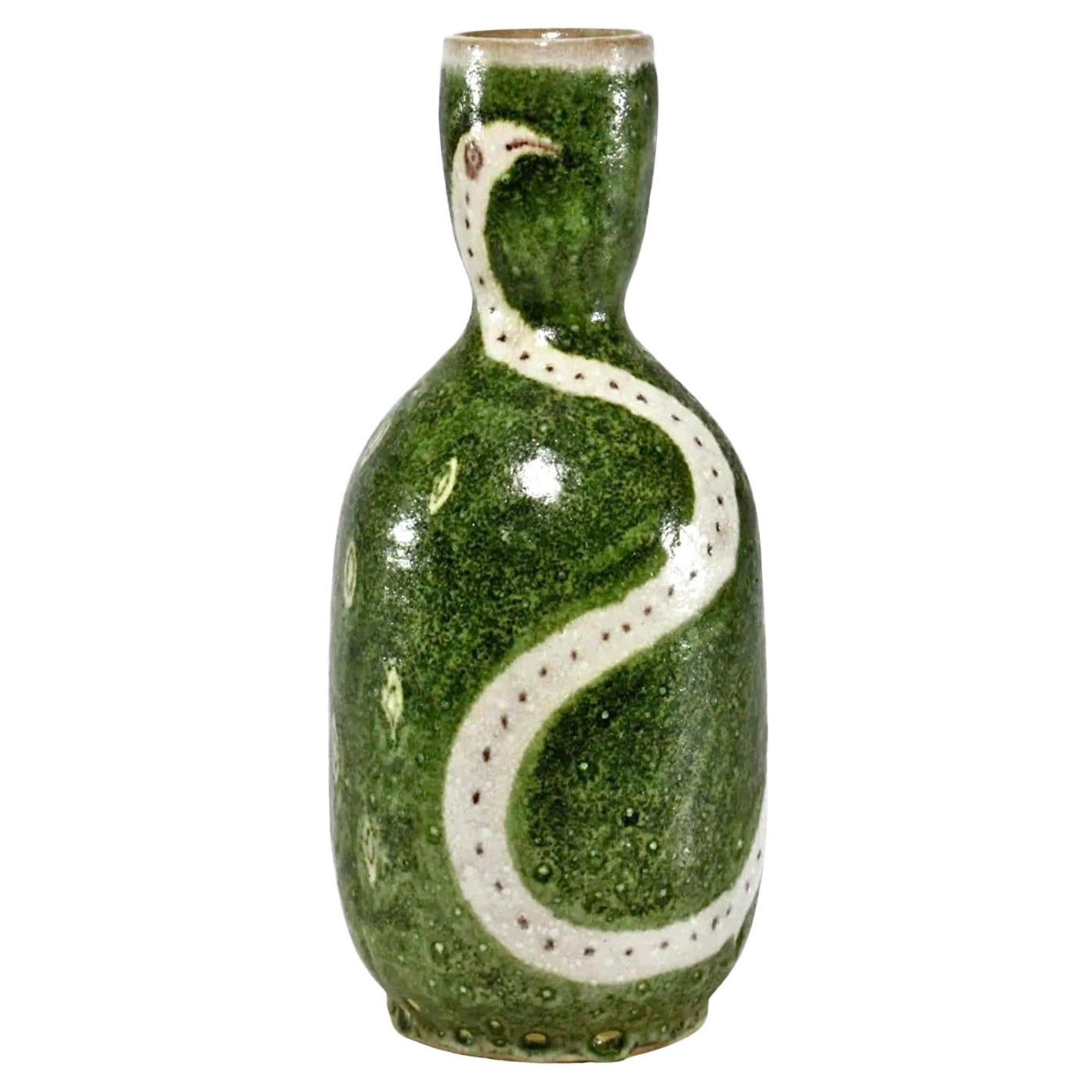 Guido Gambone Green Snake Vase, 1950s, Mid-Century Modern Ceramic Vessel, Italy