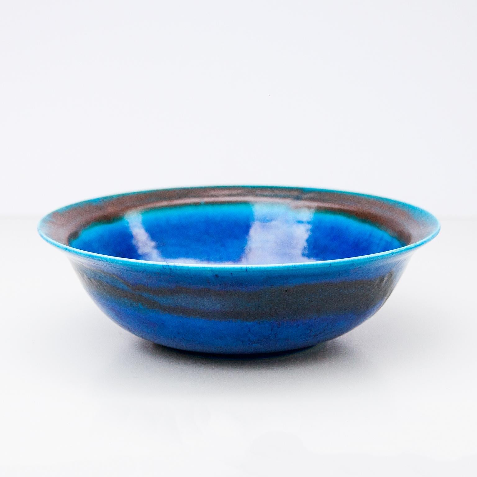 Mid-Century Modern Guido Gambone Huge Blue Ceramic Bowl For Sale