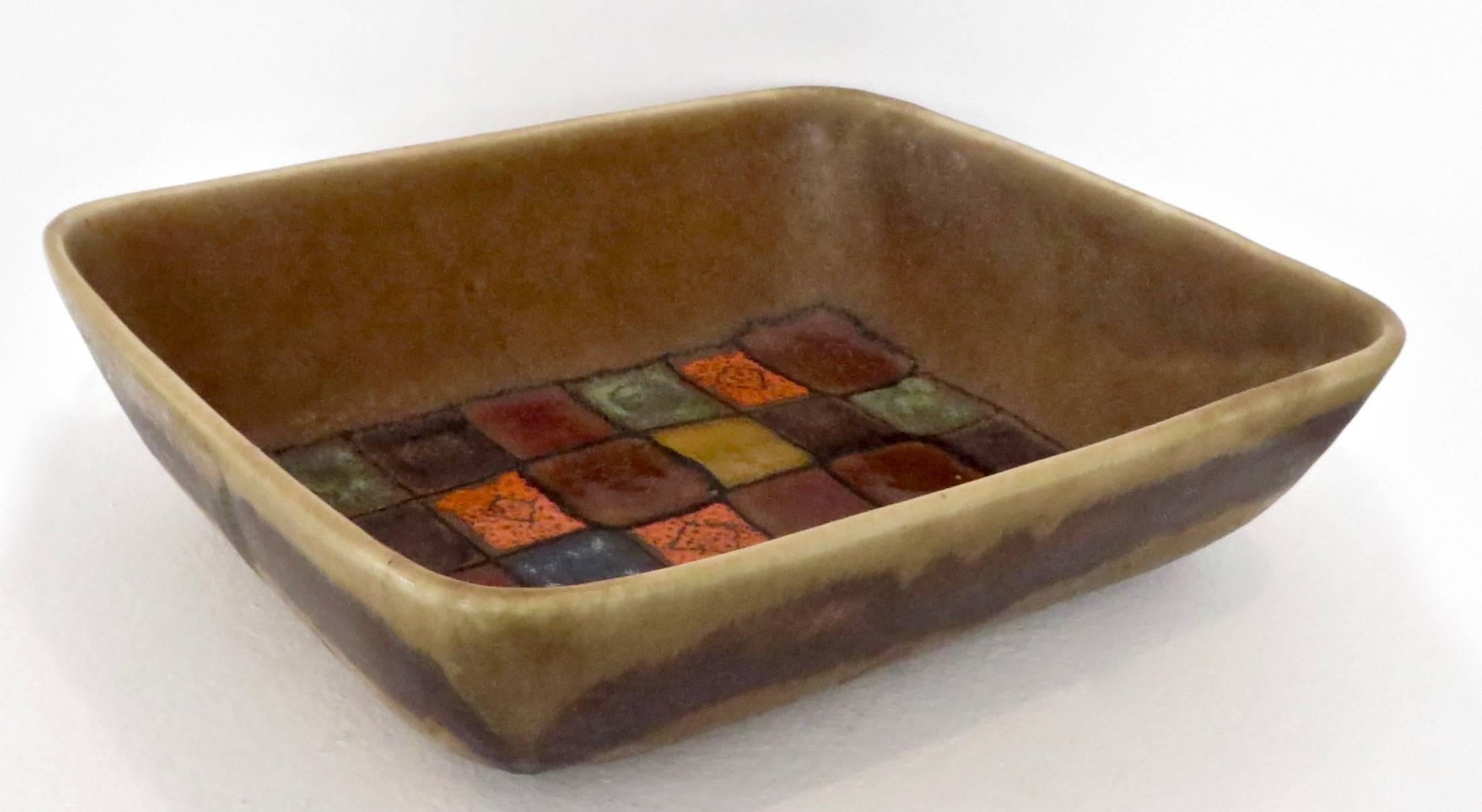 Mid-Century Modern Guido Gambone Italian Polychrome Ceramic Dish Brown Orange and Blue Grid Pattern