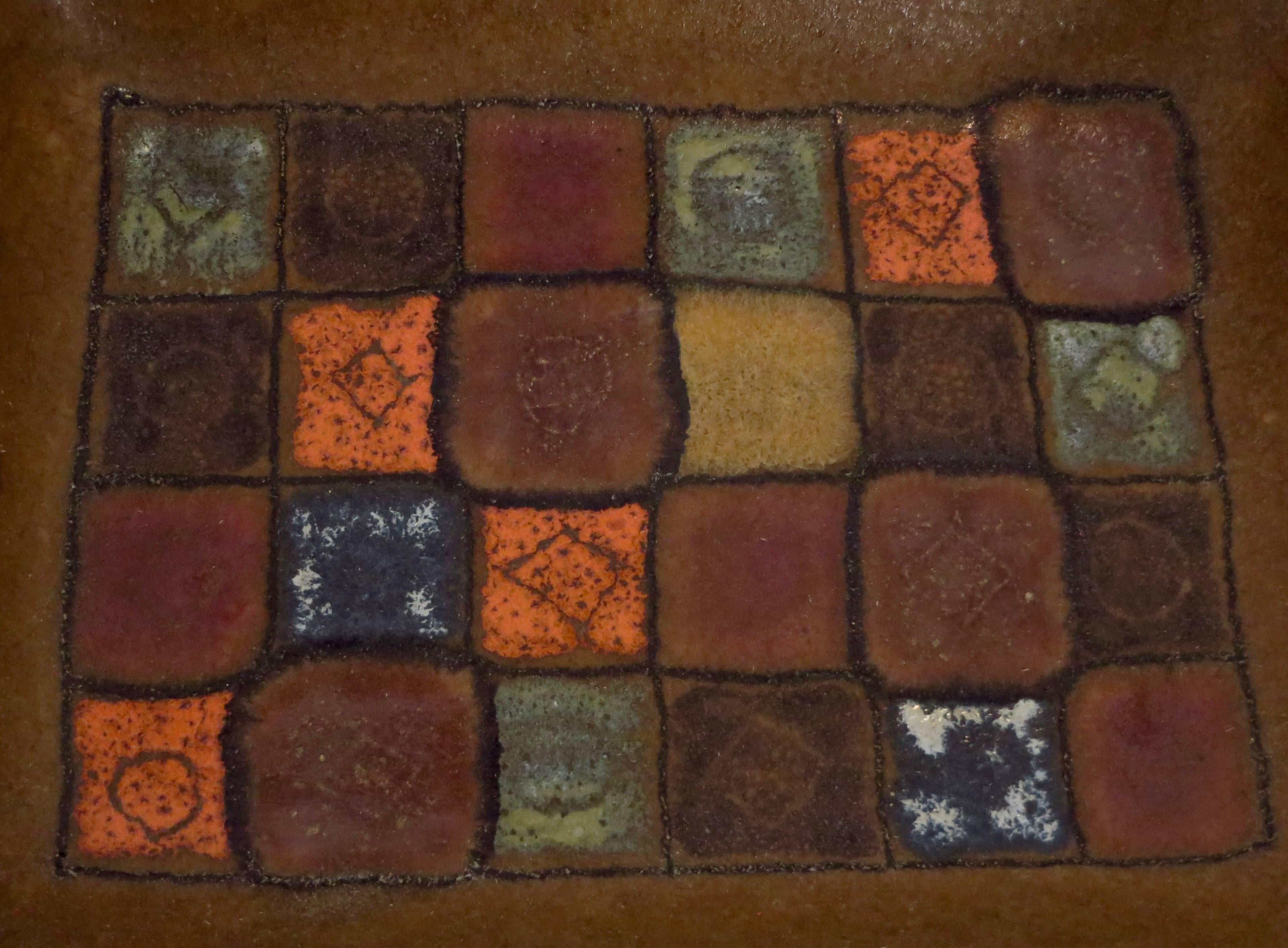 Mid-20th Century Guido Gambone Italian Polychrome Ceramic Dish Brown Orange and Blue Grid Pattern