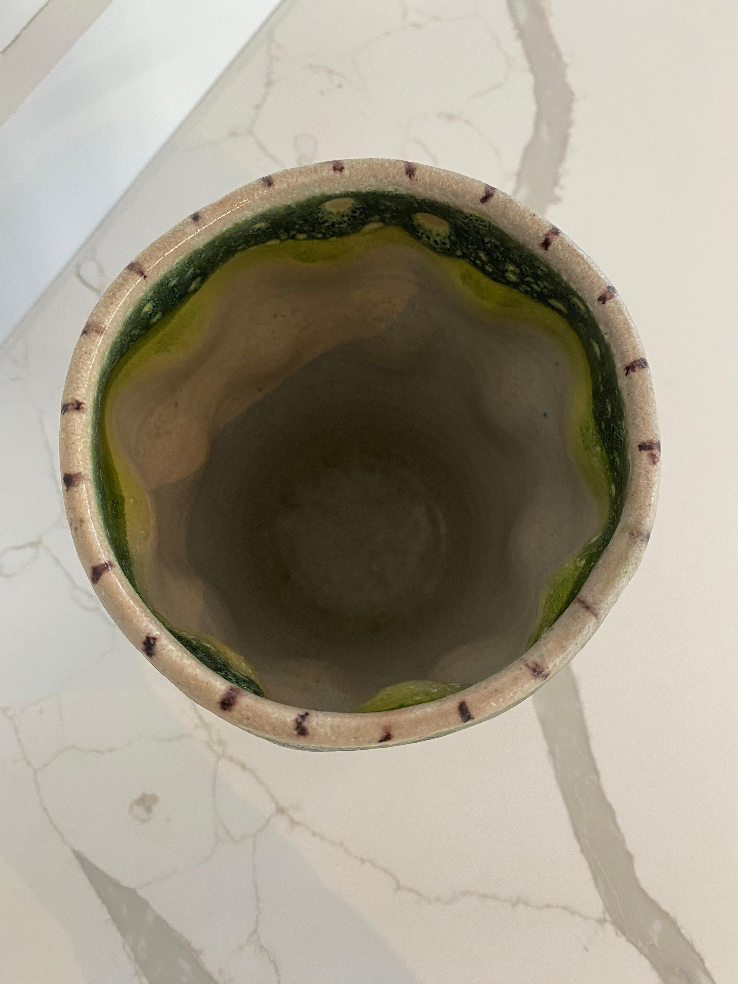 Mid-Century Modern Guido Gambone Italy Ceramic Thumbprint Vase with Leaf Motif Green Donkey Mark
