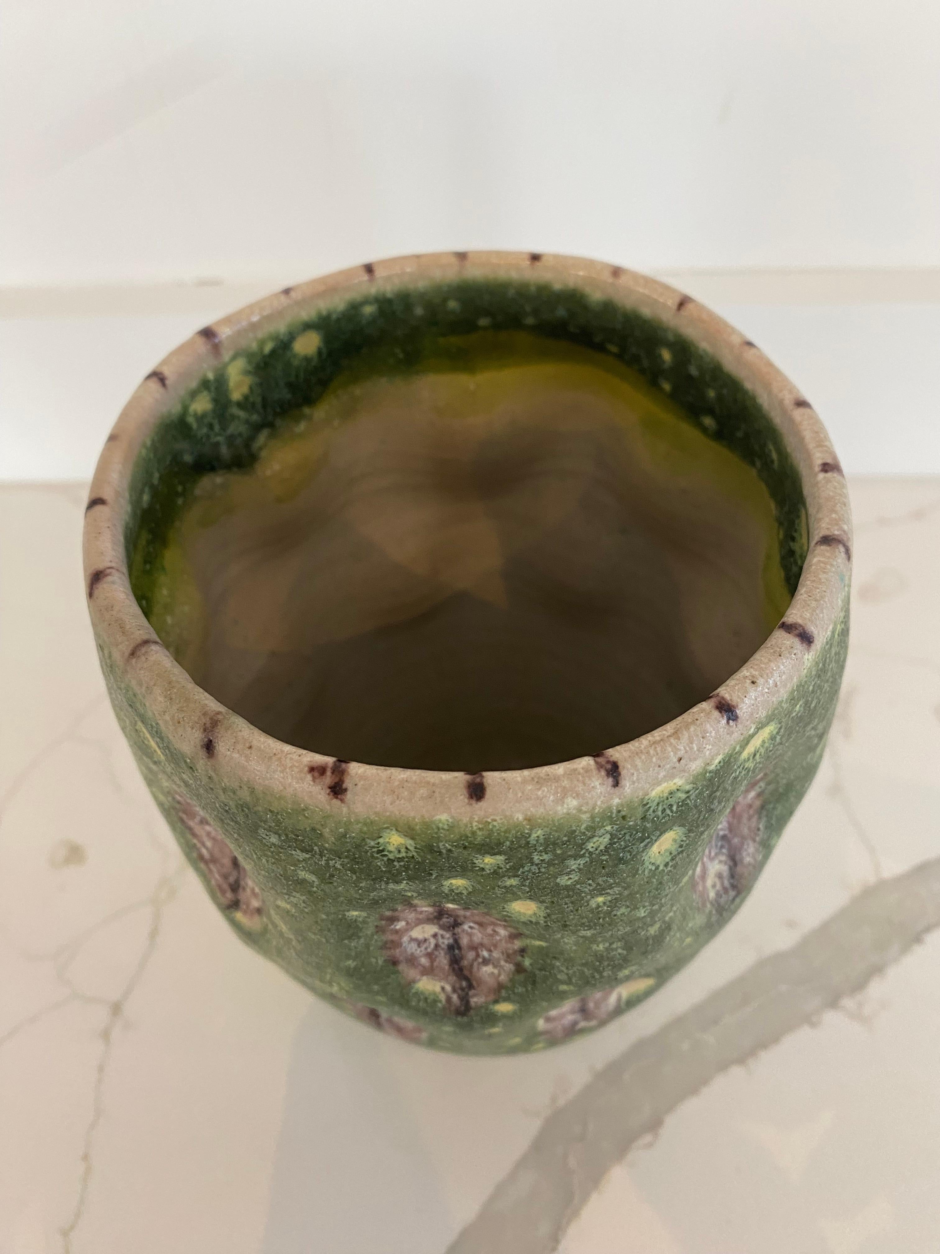 Italian Guido Gambone Italy Ceramic Thumbprint Vase with Leaf Motif Green Donkey Mark