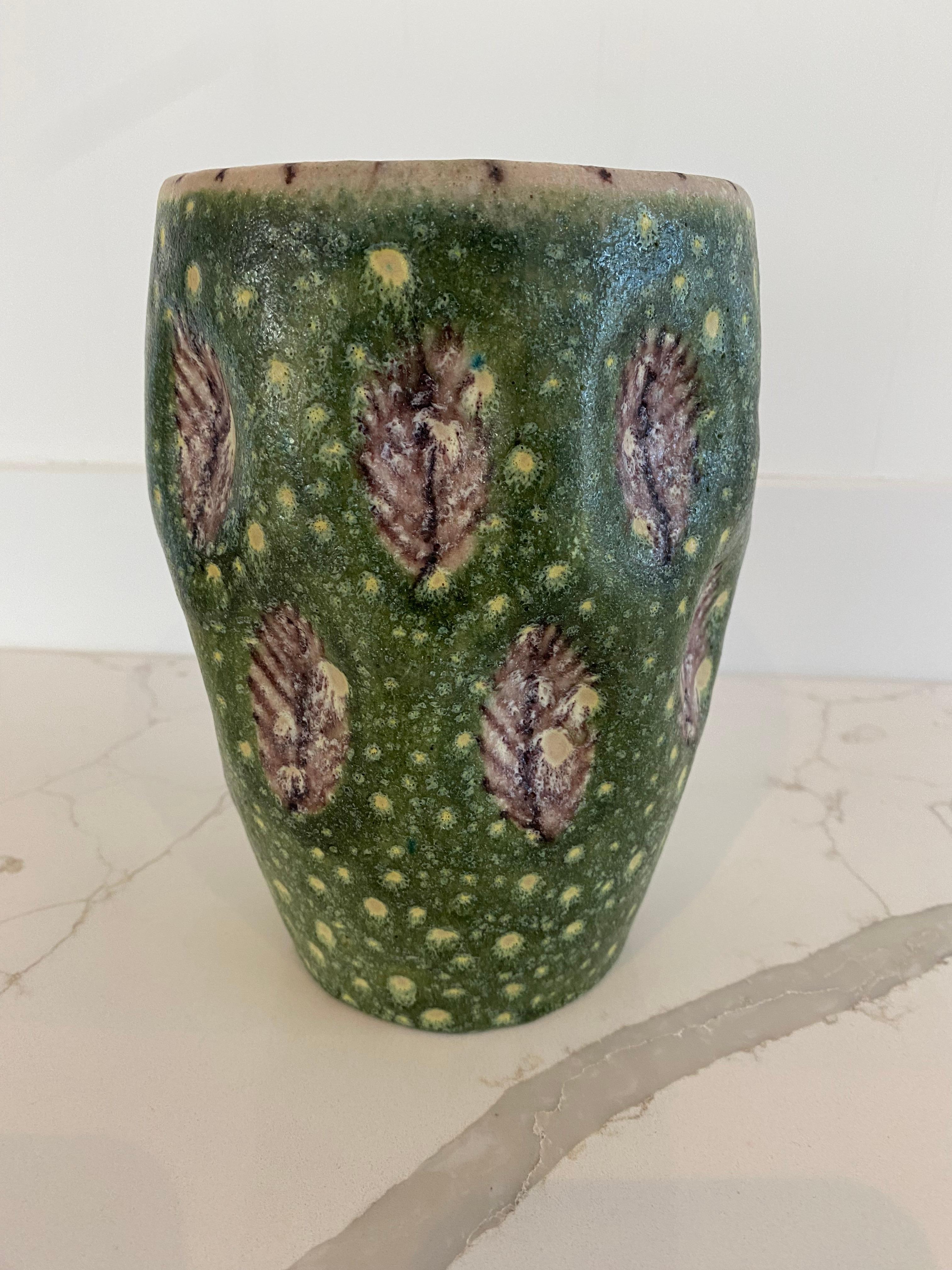 Guido Gambone Italy Ceramic Thumbprint Vase with Leaf Motif Green Donkey Mark In Good Condition In Bridgehampton, NY