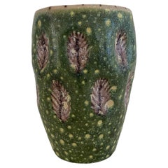 Guido Gambone Italy Ceramic Thumbprint Vase with Leaf Motif Green Donkey Mark