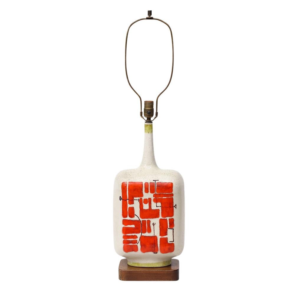 Guido Gambone Lamp, Ceramic, Abstract, Red, White, Chartreuse, Signed. Large stoneware lamp decorated (on both front and back) with strong abstract design in red glaze. Although we did not remove the lamp's wooden base, Guido Gambone almost always