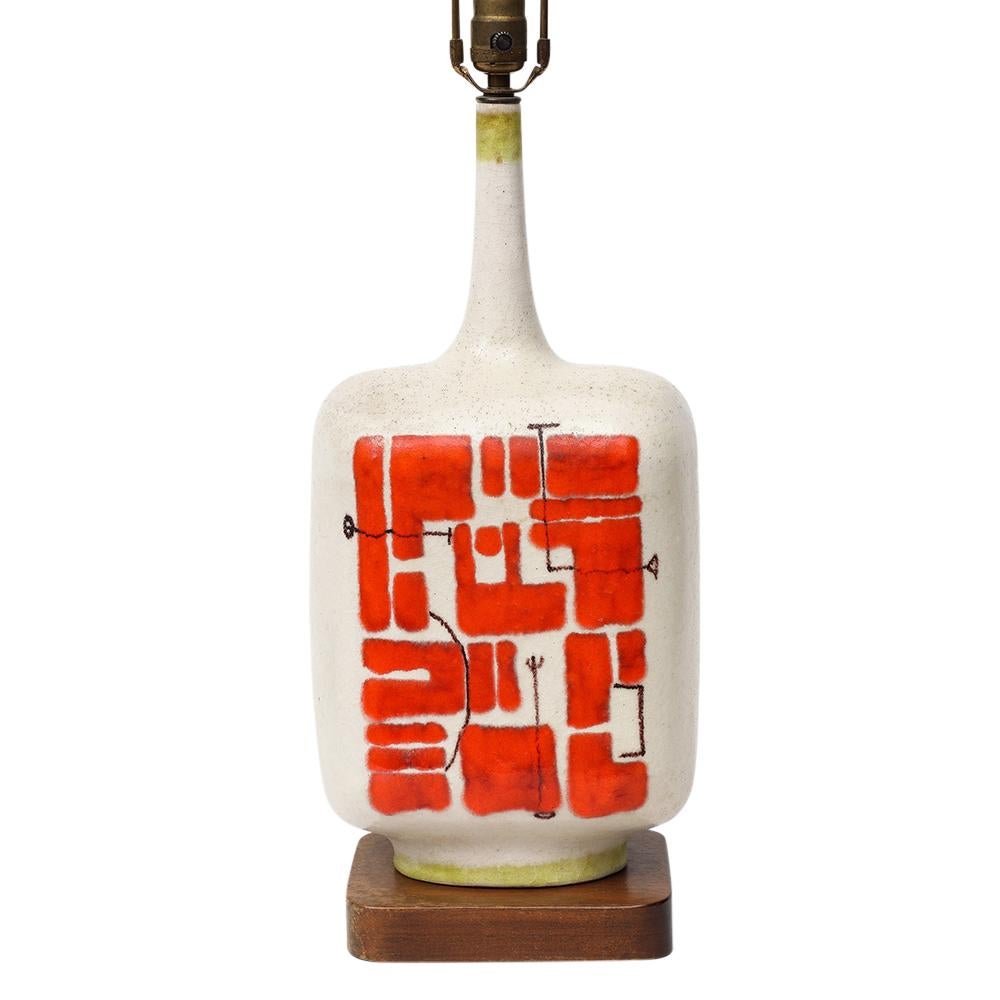 Mid-Century Modern Guido Gambone Lamp, Ceramic, Abstract, Red, White, Chartreuse, Signed For Sale