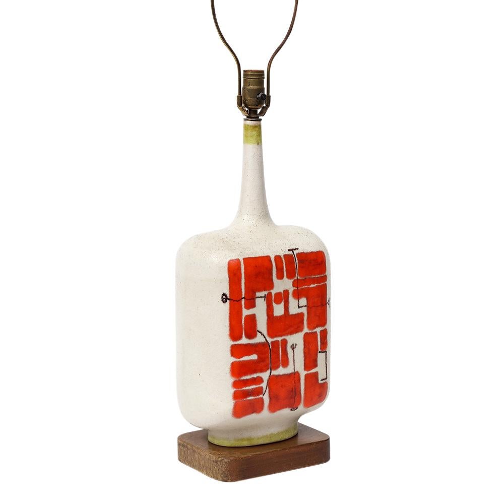 Mid-20th Century Guido Gambone Lamp, Ceramic, Abstract, Red, White, Chartreuse, Signed For Sale