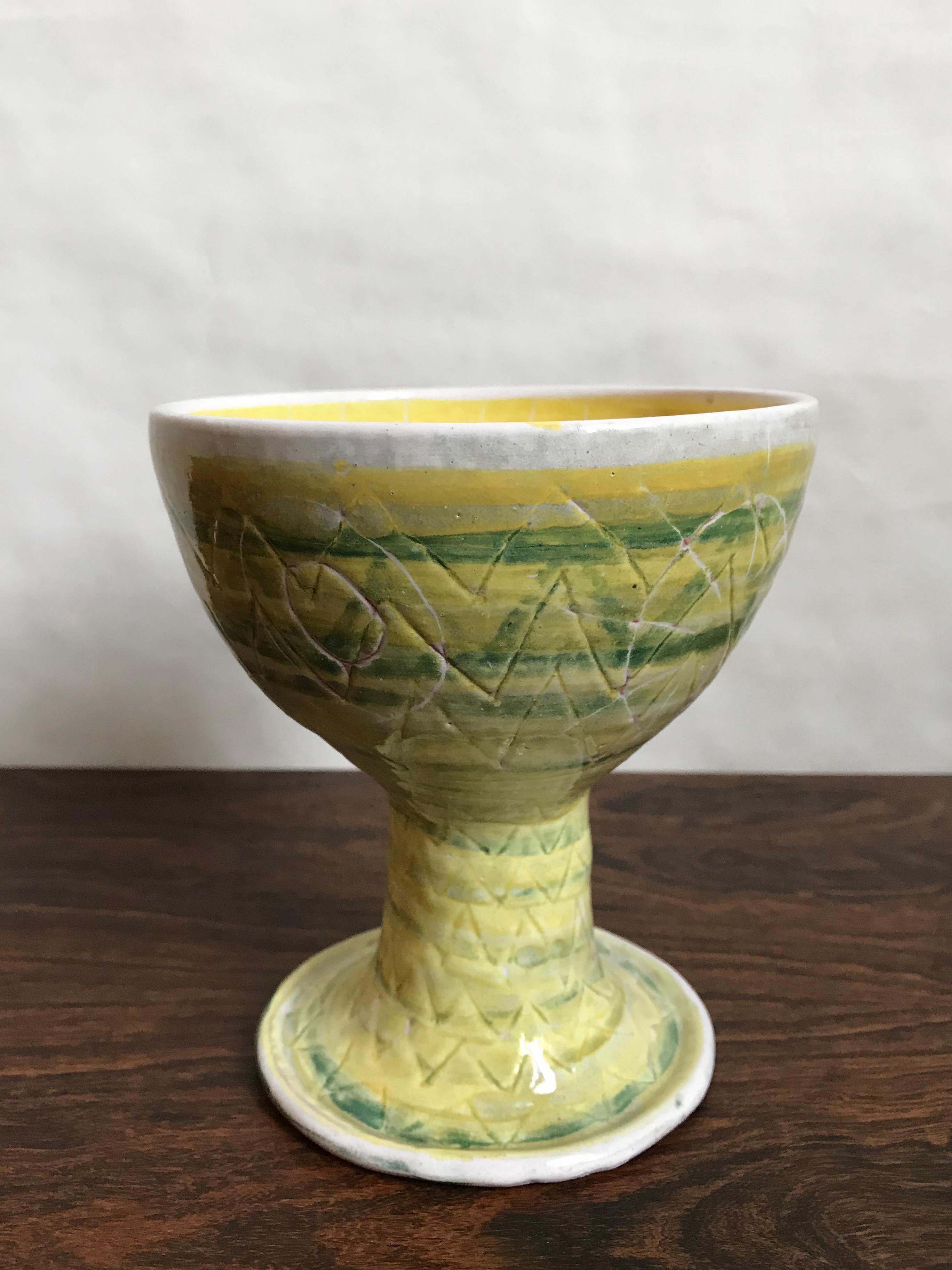 Mid-Century Modern design ceramic glazed vase designed by Italian artist Guido Gambone decorated with an abstract drawing and logo of the artist under the base, 1950s.

Please note that the item is original of the period and this shows normal