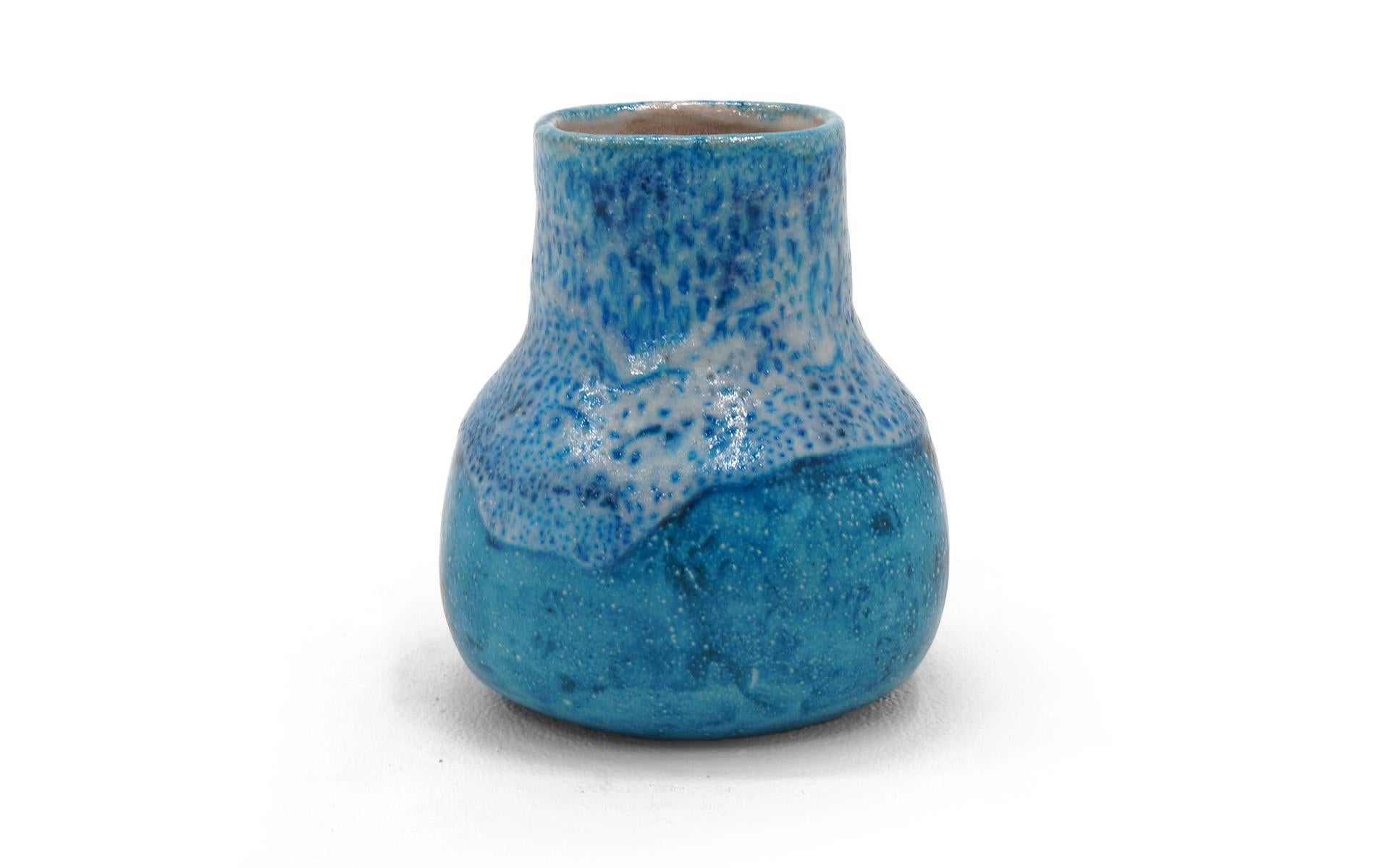 Hand-thrown pottery vase by Guido Gambone circa 1950s, Italy. Beautiful shade of Mediterranean blue. Mint condition. Signed.