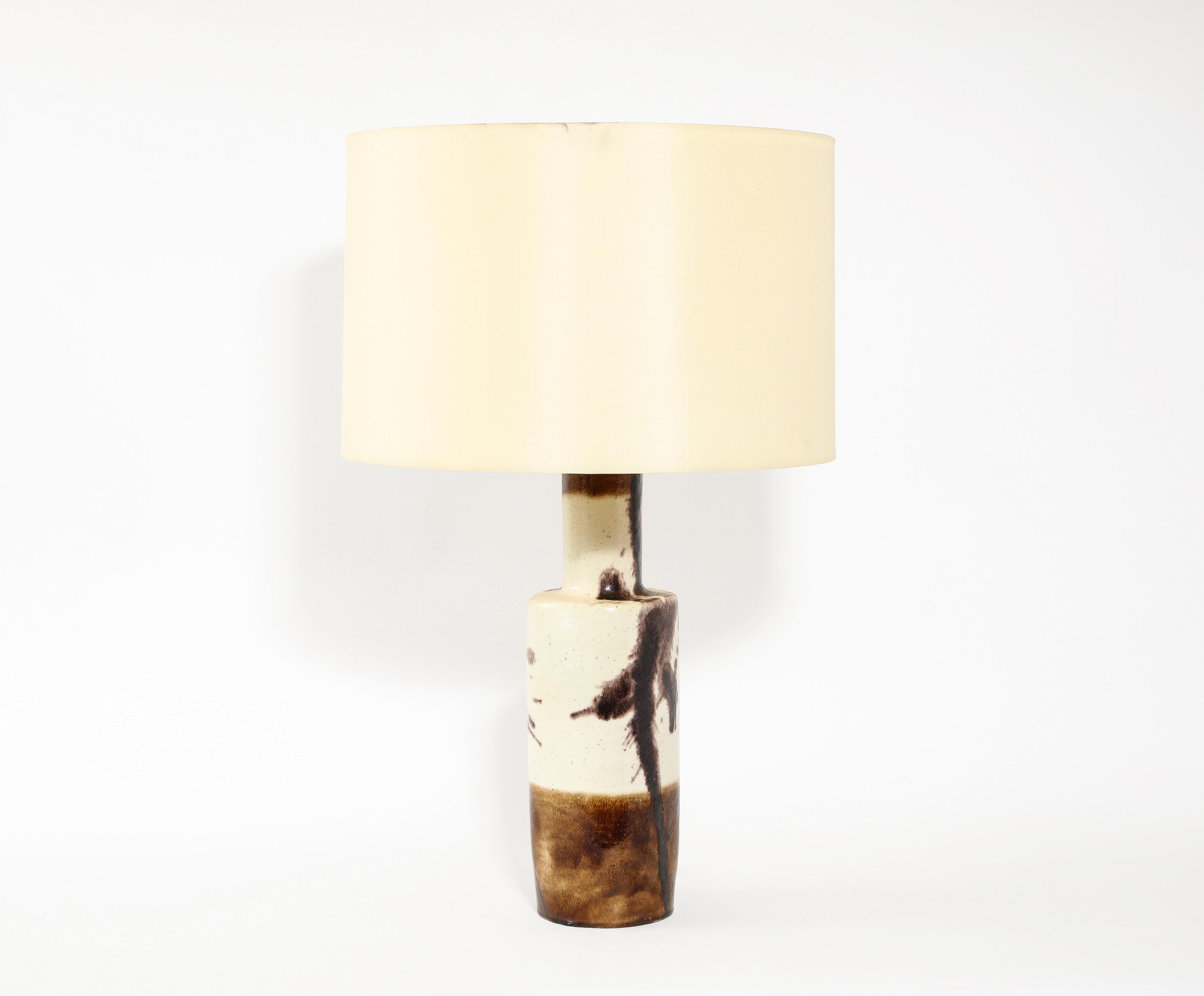 Wonderful watercolor-inspired large scale ceramic table lamp attributed to Guido Gambone. Lampshade not included. 