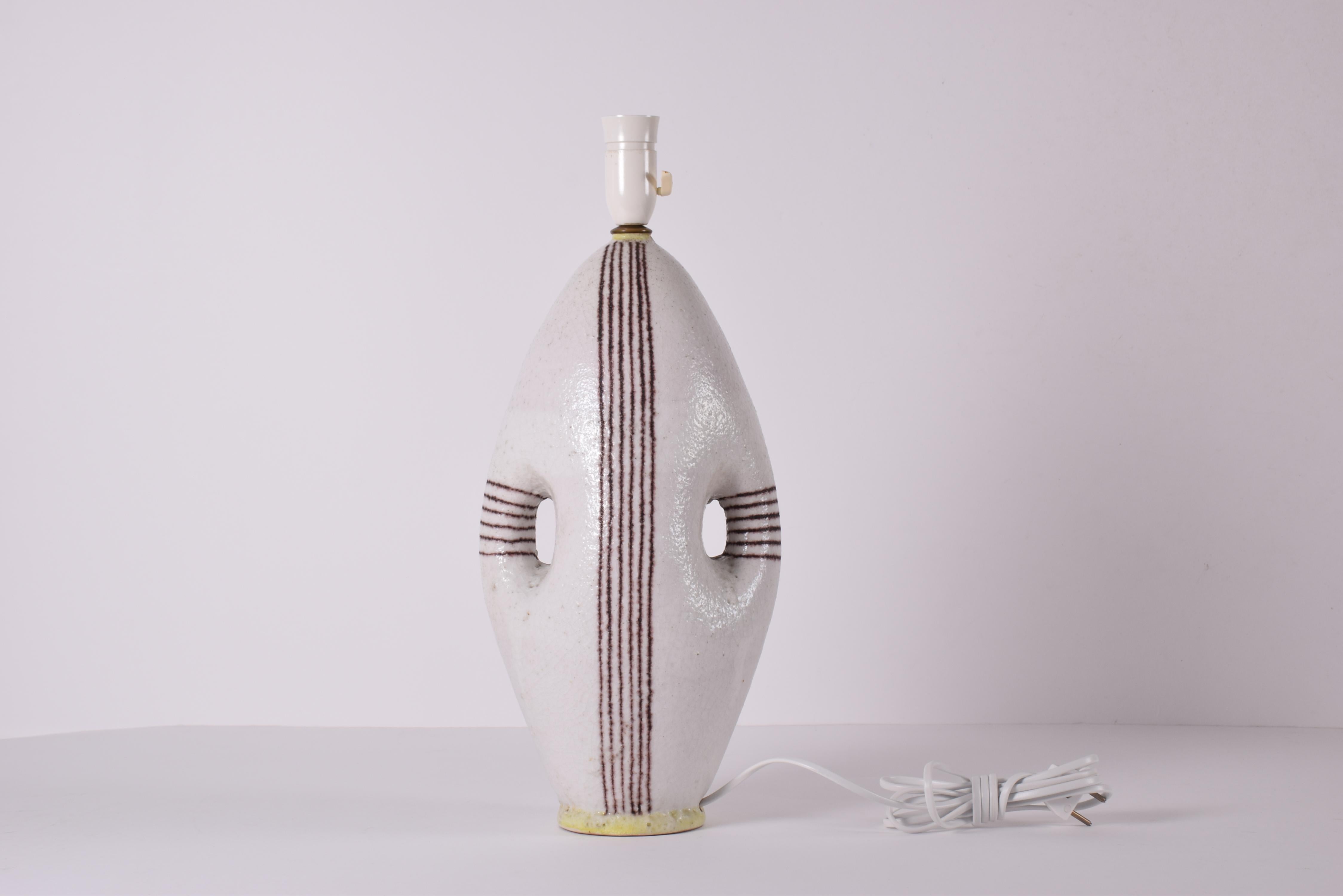 Guido Gambone Signed Tall Ceramic Table Lamp White Brown Stripes, Italy, 1950s In Good Condition In Aarhus C, DK