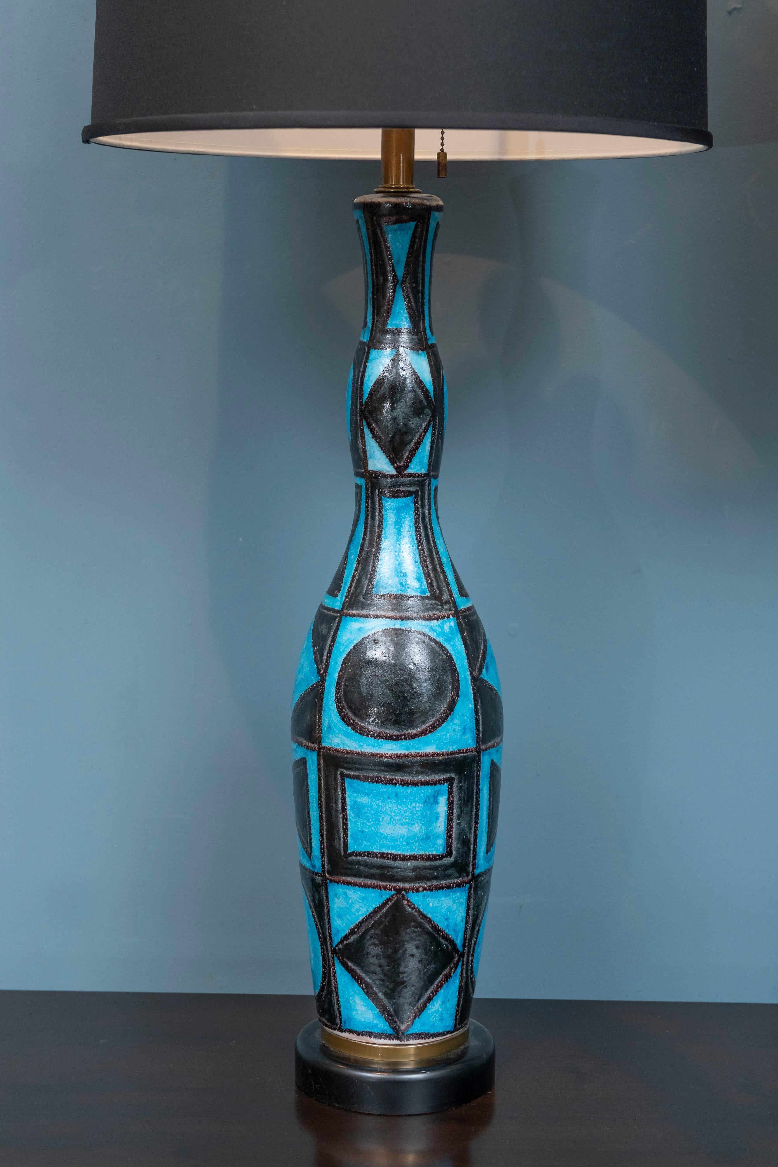 Guido Gambone stoneware table lamps in his signature Rimini blue glaze. 
Very rare and large pair of lamps by Gambone with and alternating geometric pattern on undulating ceramic bodies. These were sold at Wright Auctions September 2013 Lot 209.