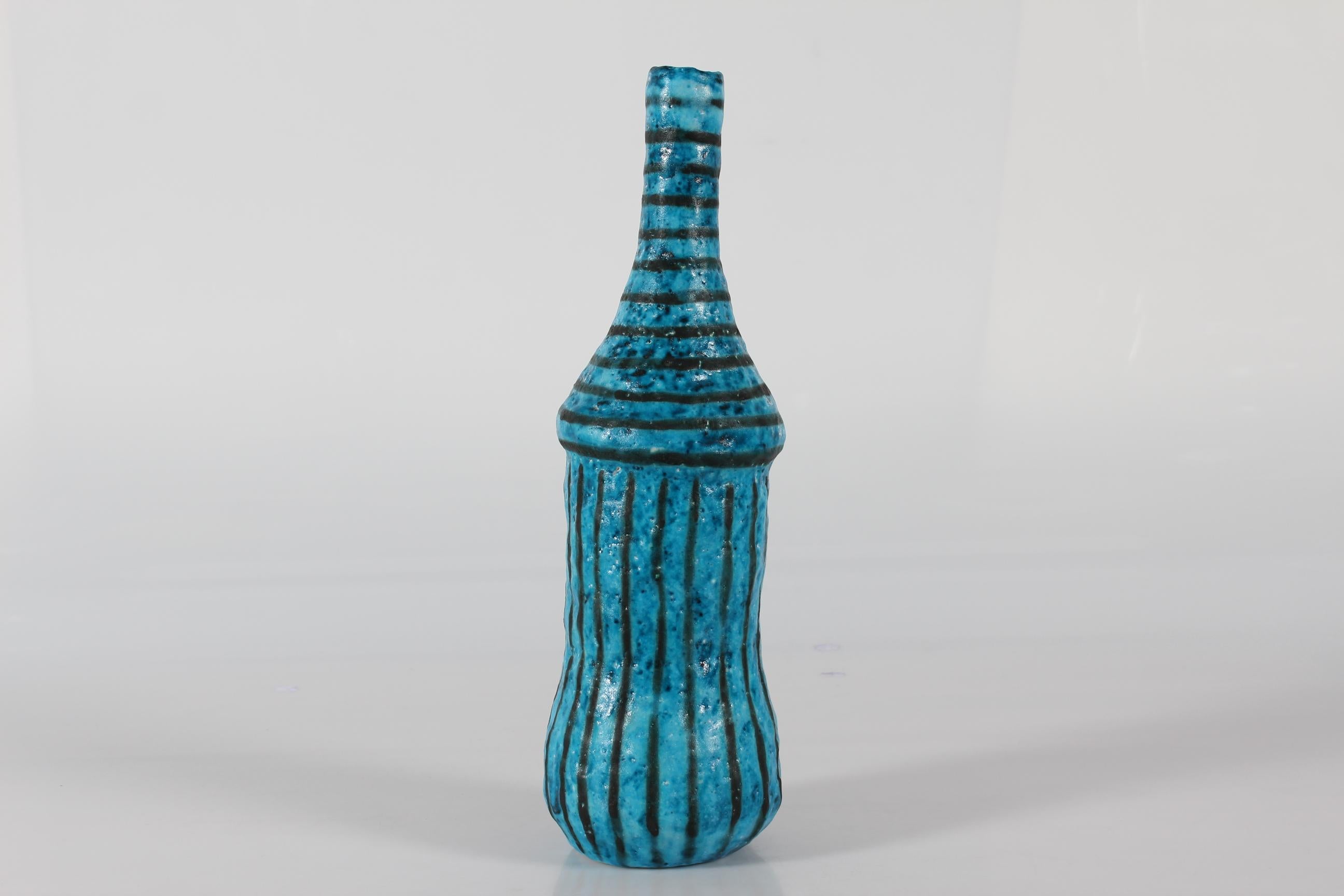 Mid-Century Modern Guido Gambone Tall Artistic Bottle Vase Blue + Black Stripes Made in Italy 1950s For Sale