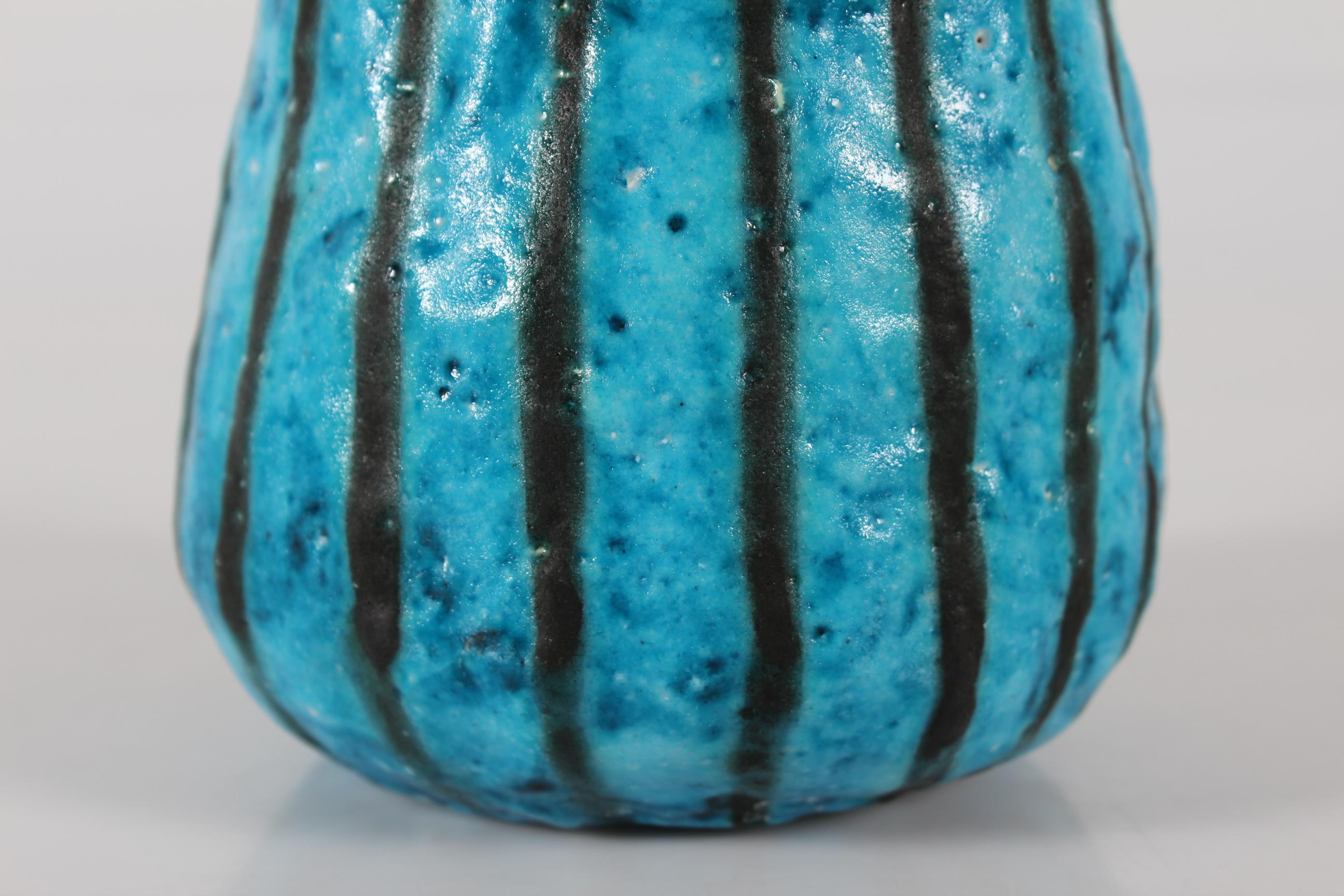 Italian Guido Gambone Tall Artistic Bottle Vase Blue + Black Stripes Made in Italy 1950s For Sale