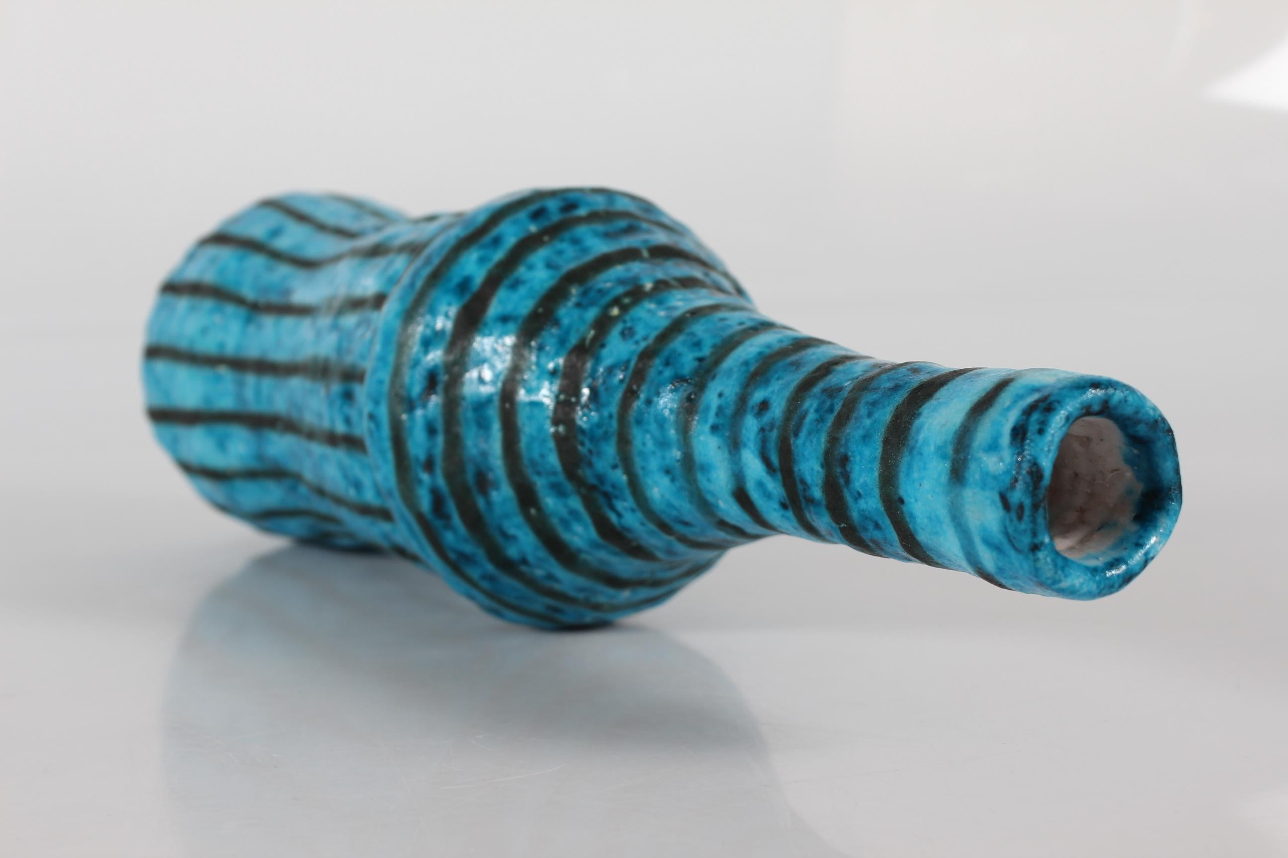 Guido Gambone Tall Artistic Bottle Vase Blue + Black Stripes Made in Italy 1950s For Sale 1