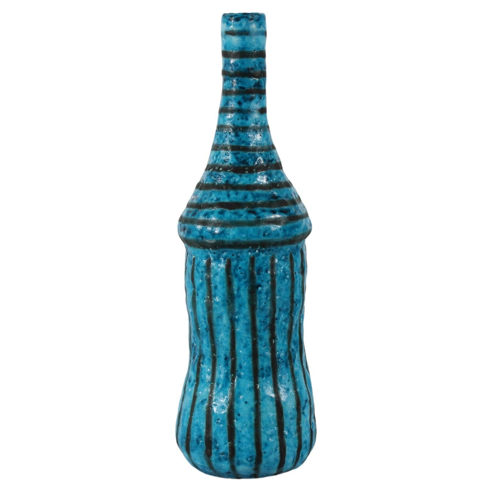 Guido Gambone Tall Artistic Bottle Vase Blue + Black Stripes Made in Italy 1950s For Sale