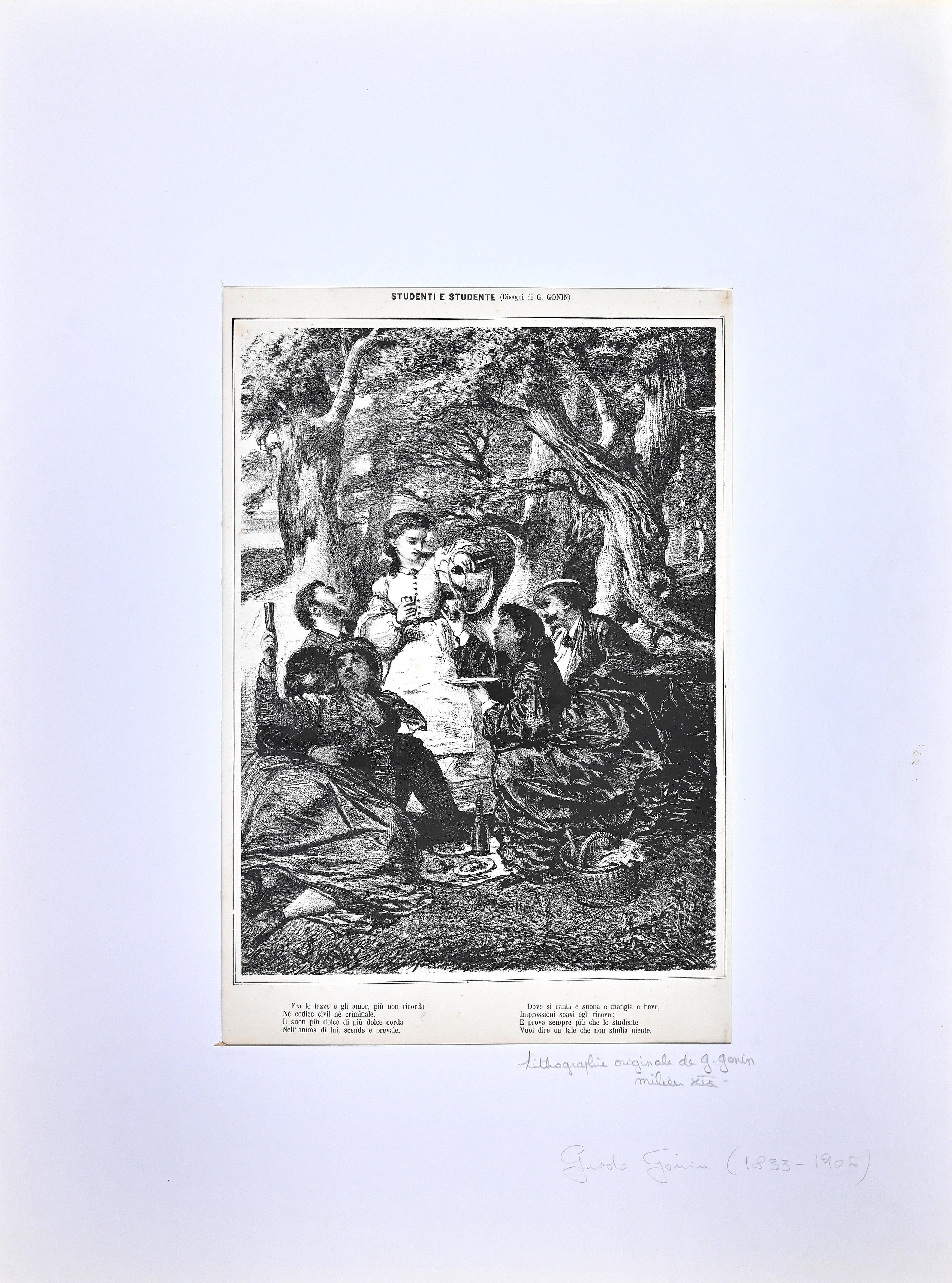 Gathering – Lithographie von Guido Gonin – 19. Jahrhundert im Angebot 1