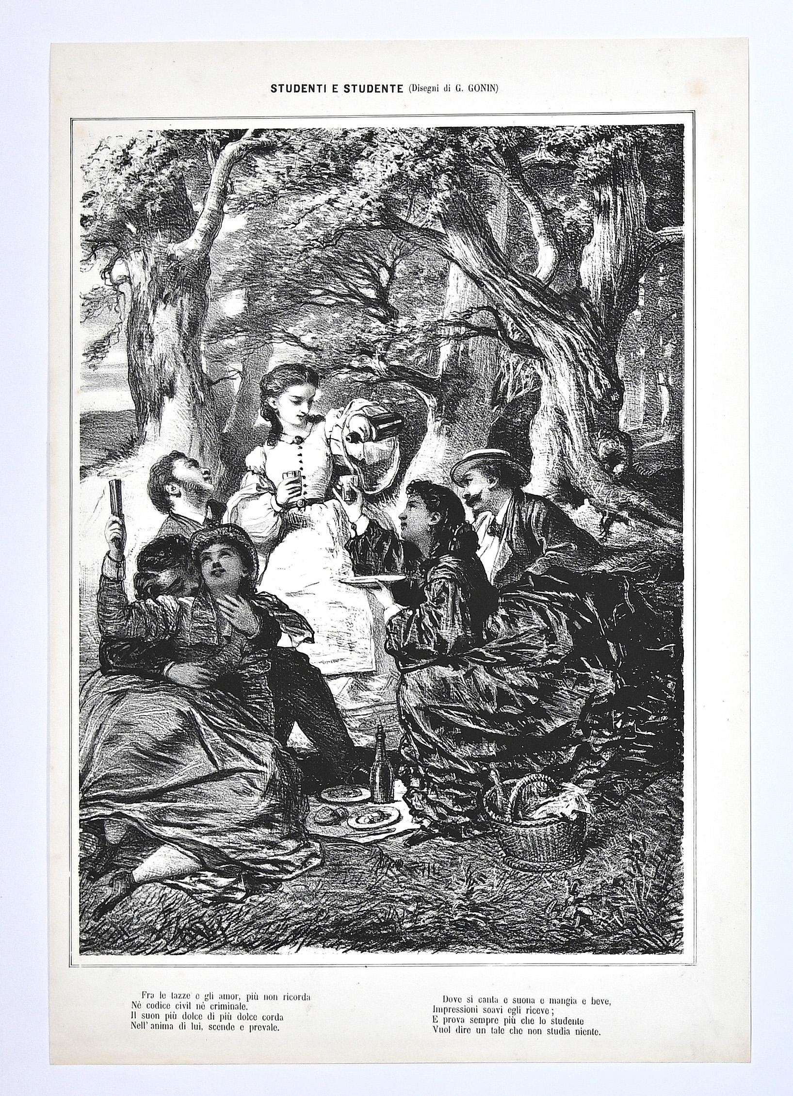 Gathering - Lithograph by Guido Gonin - 19th Century