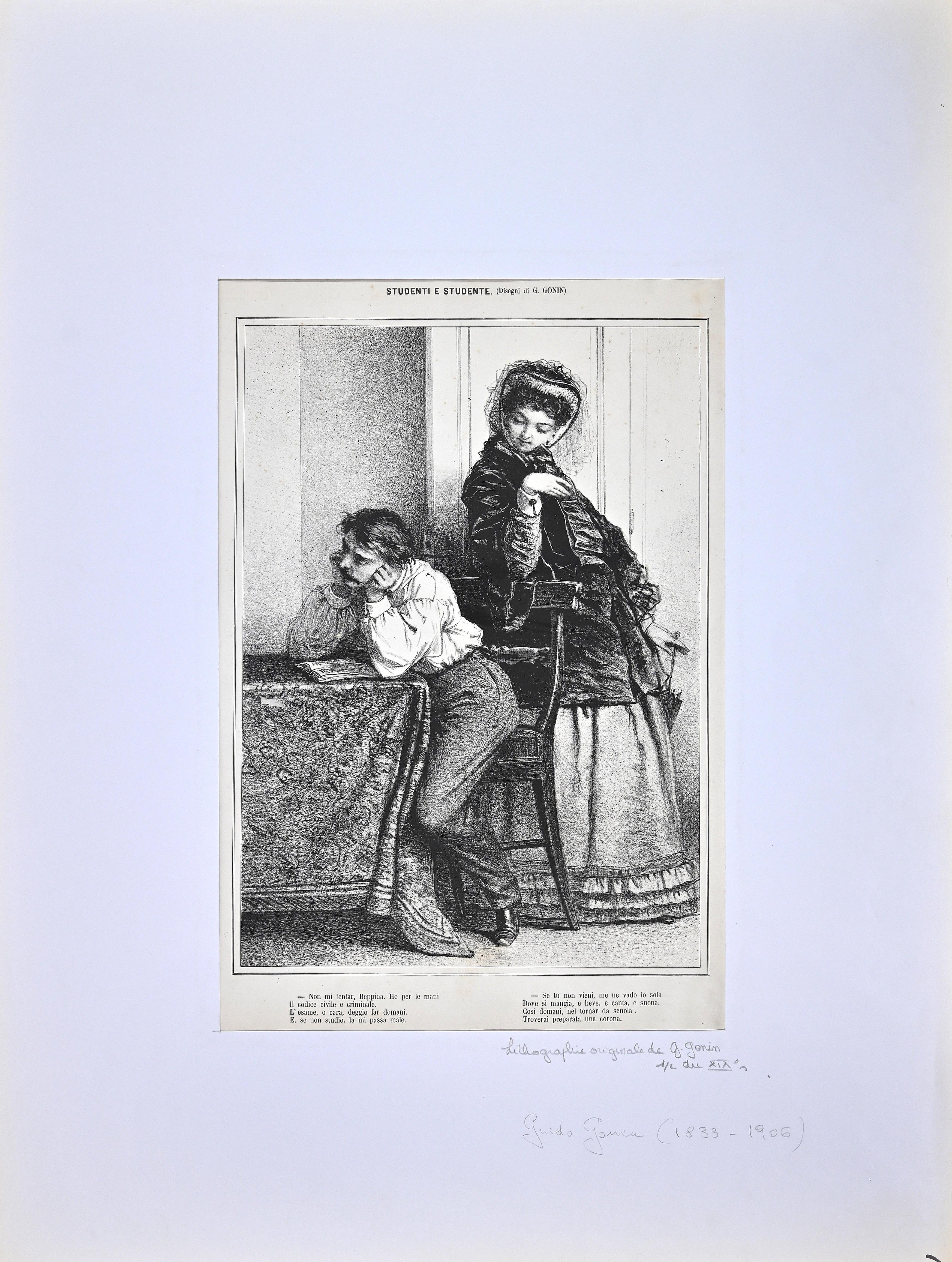 Students – Lithographie von Guido Gonin – 19. Jahrhundert im Angebot 1