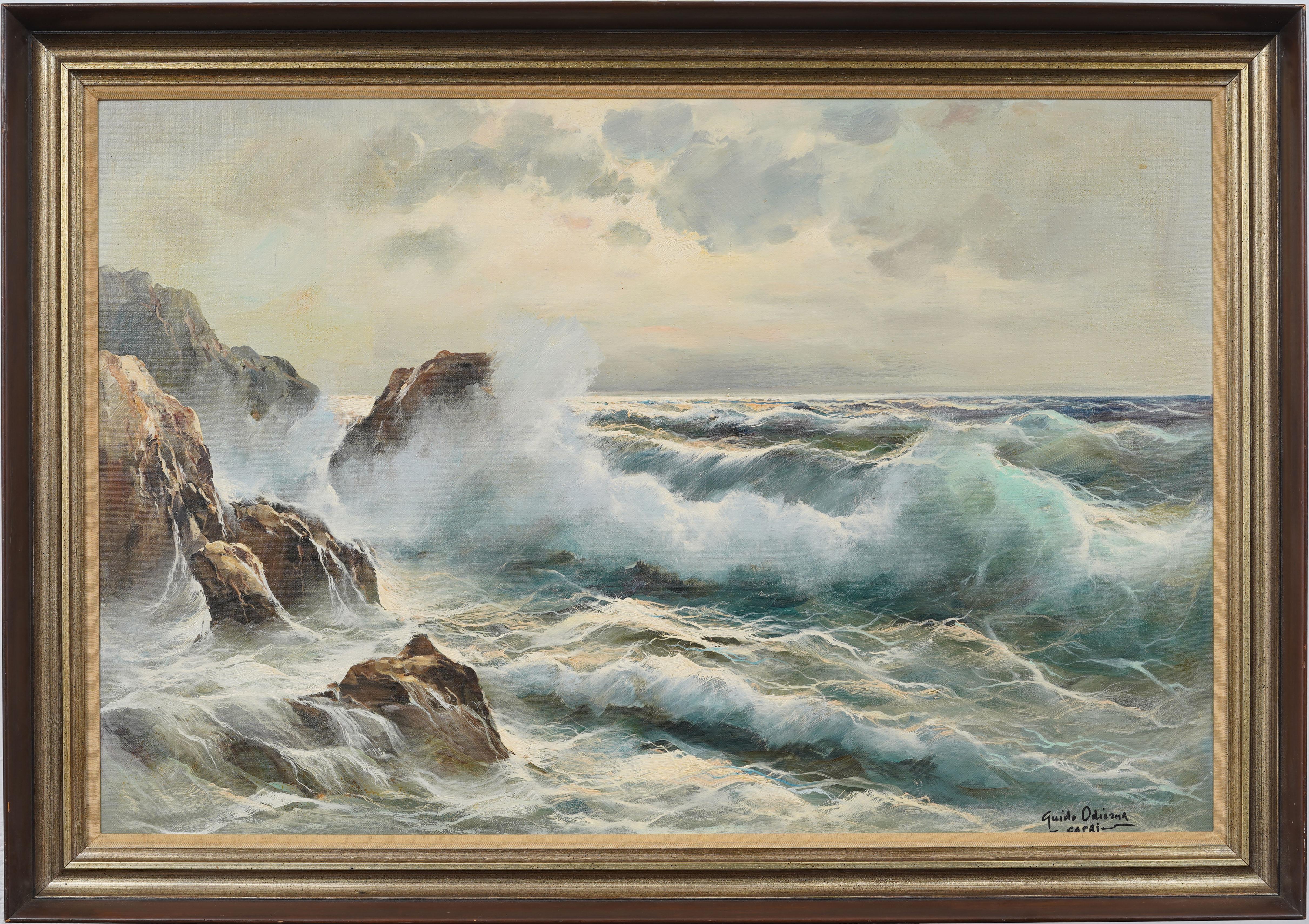 Antiguo Impresionista Italiano Capri Italia Firmado Gran paisaje marino con olas rompiendo - Painting de Guido Odierna