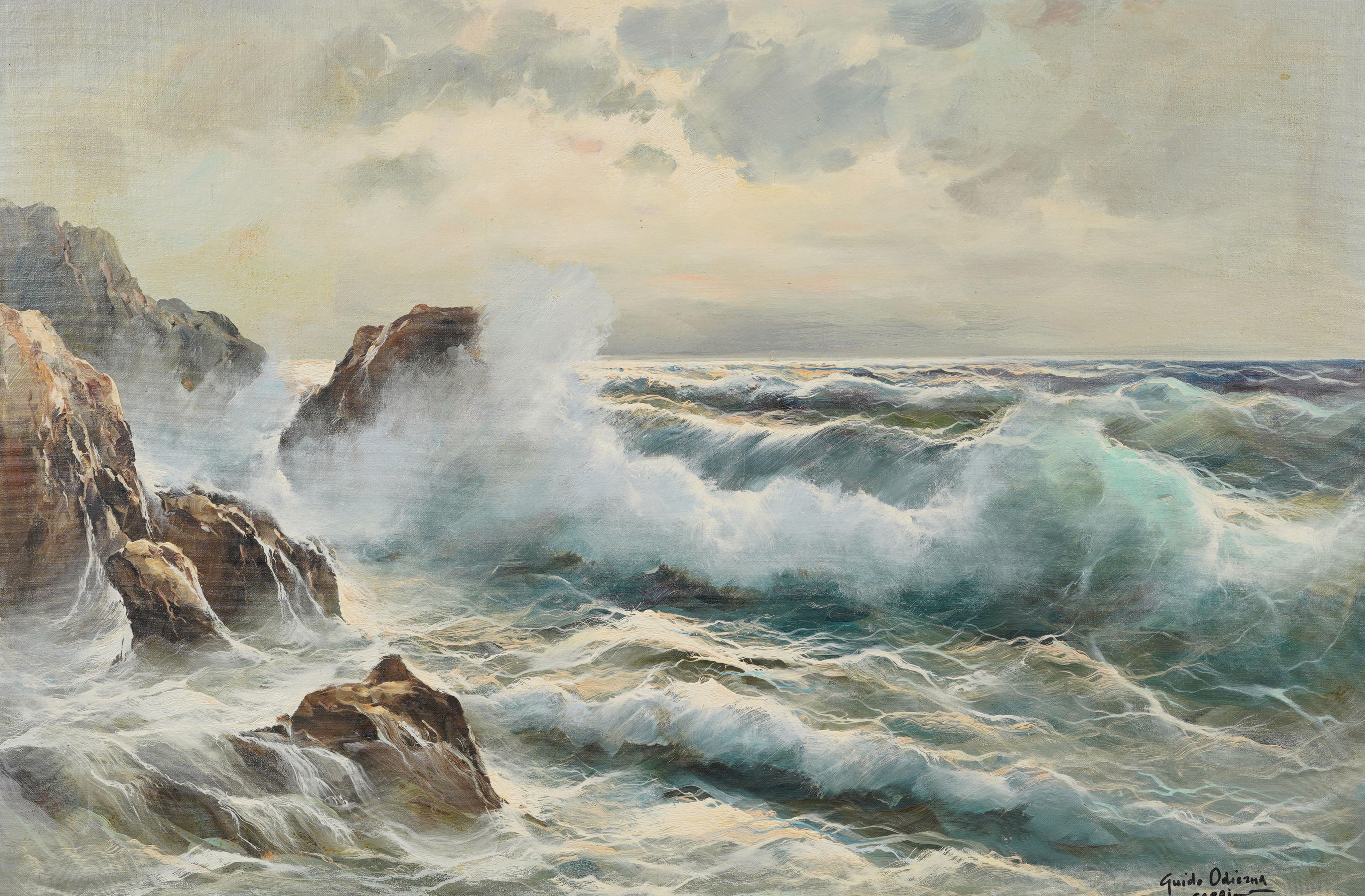 Antiguo Impresionista Italiano Capri Italia Firmado Gran paisaje marino con olas rompiendo - Landscape Painting Gris de Guido Odierna