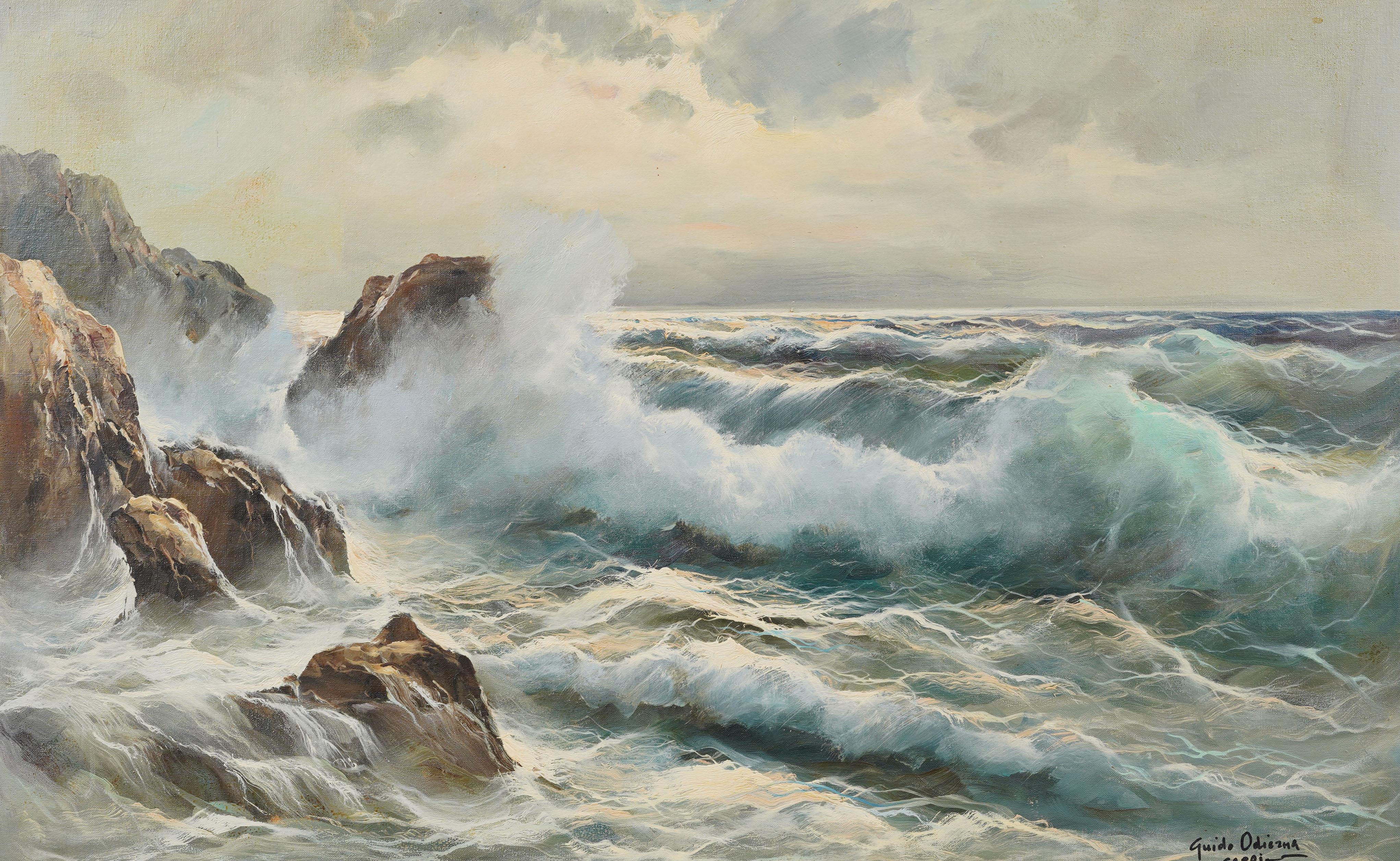 Antiguo óleo italiano impresionista de paisaje marino. Óleo sobre lienzo, colocado sobre tabla. Enmarcado.  Firmado.  Mide 30 por 42 pulgadas en total, y 24,5 por 36,5 pintando solo.  En excelente estado original. Bellamente enmarcada en una moldura