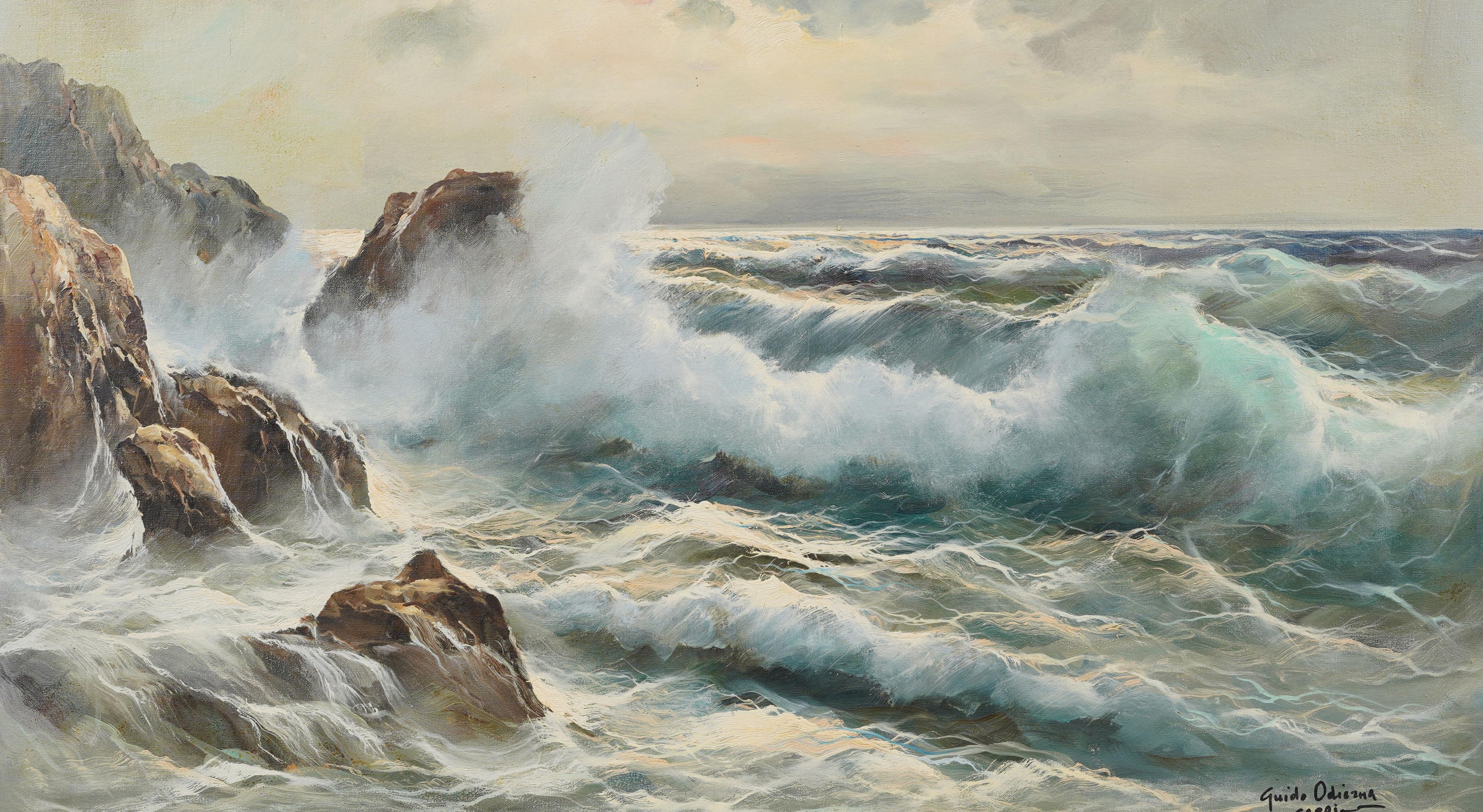 Antiguo Impresionista Italiano Capri Italia Firmado Gran paisaje marino con olas rompiendo en venta 1