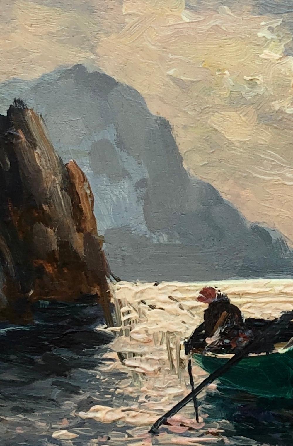 Fishermen, Capri and I Faraglioni - Brown Landscape Painting by Guido Odierna