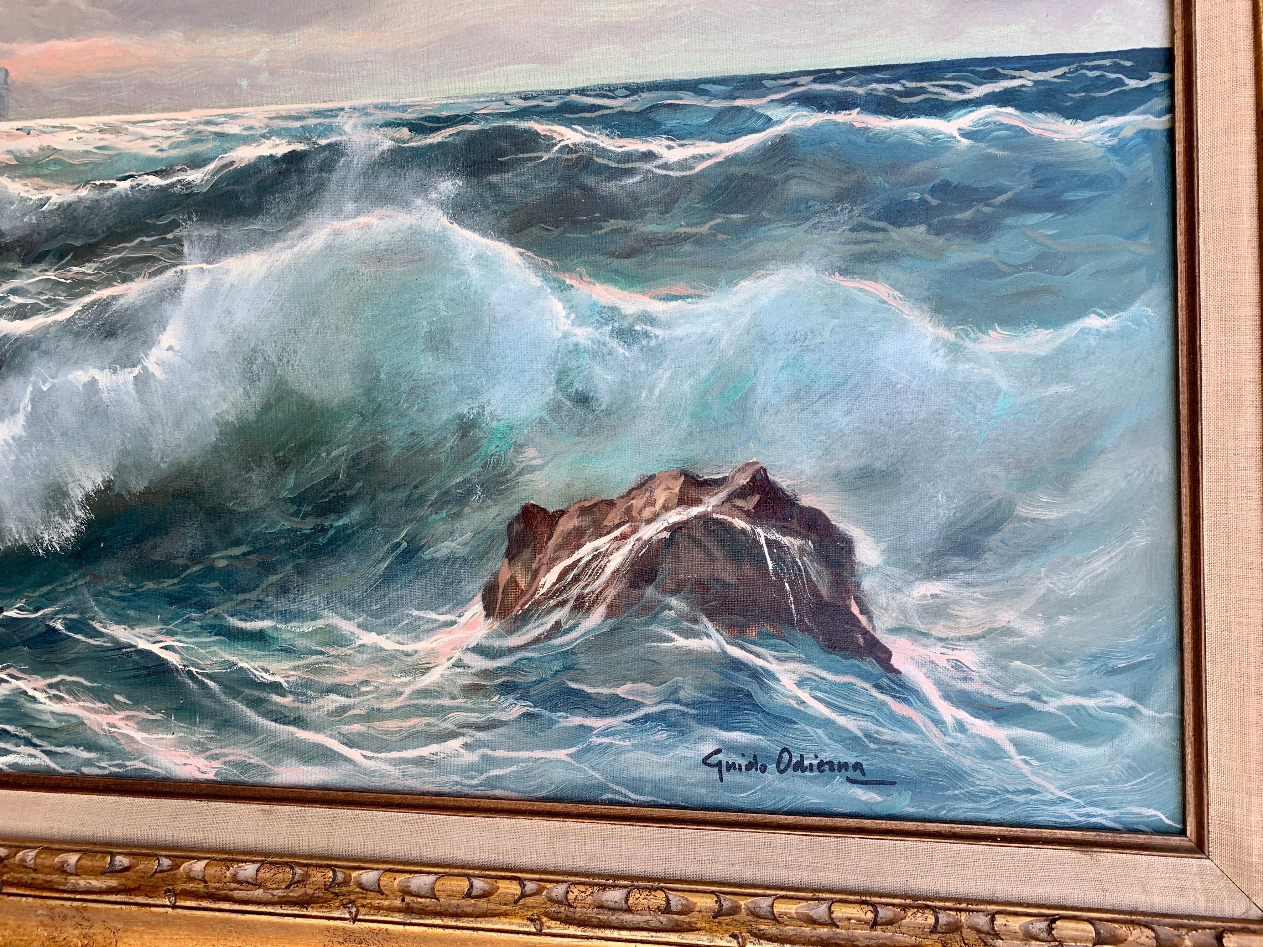 Southern Italian Coastal sea scene, waves crashing onto rocks, with sunsetting - Painting by Guido Odierna