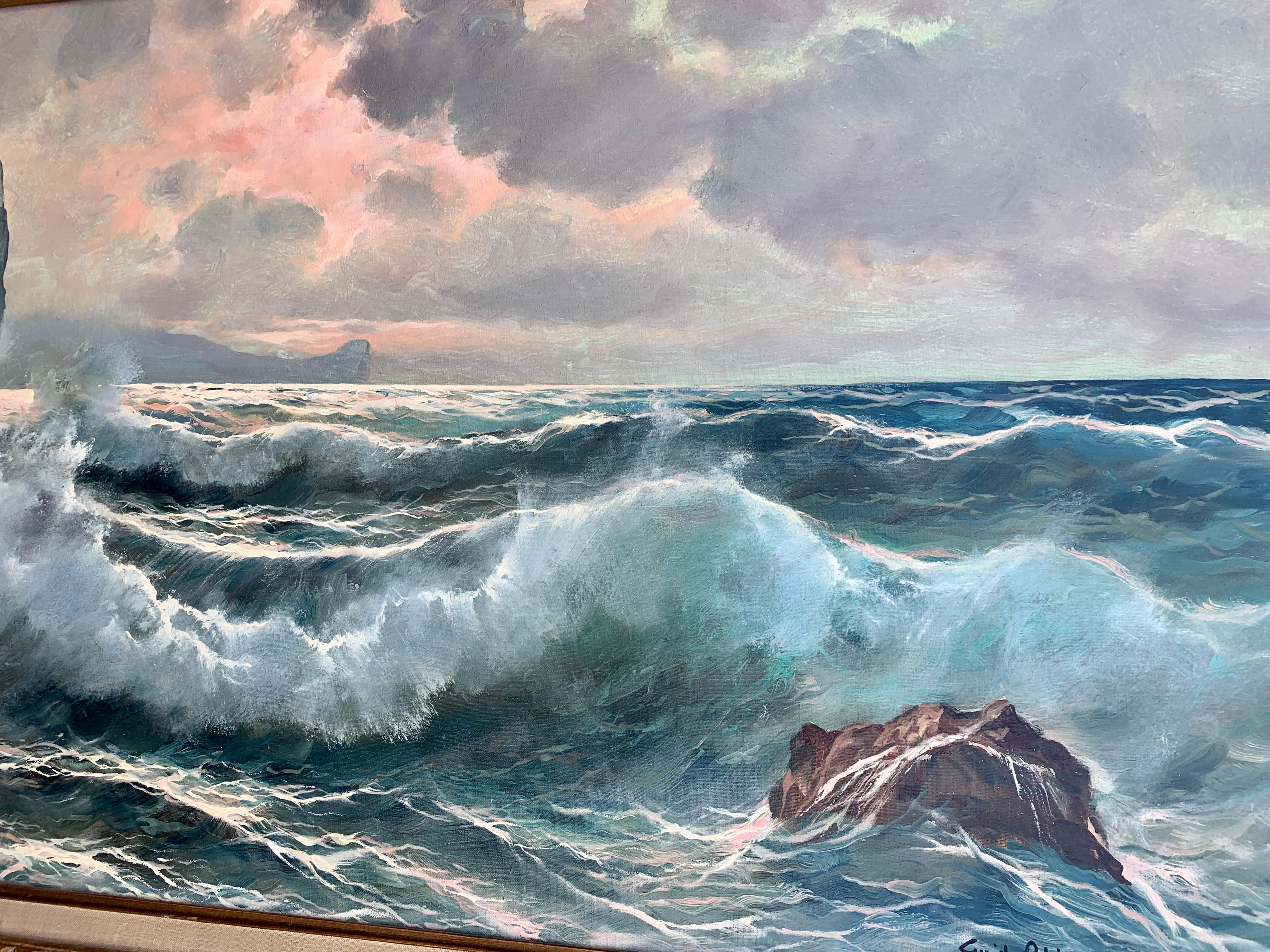 Scène de mer de la côte sud de l'Italie du Sud, des vagues s'écrasant sur des rochers, avec coucher de soleil - Impressionnisme Painting par Guido Odierna