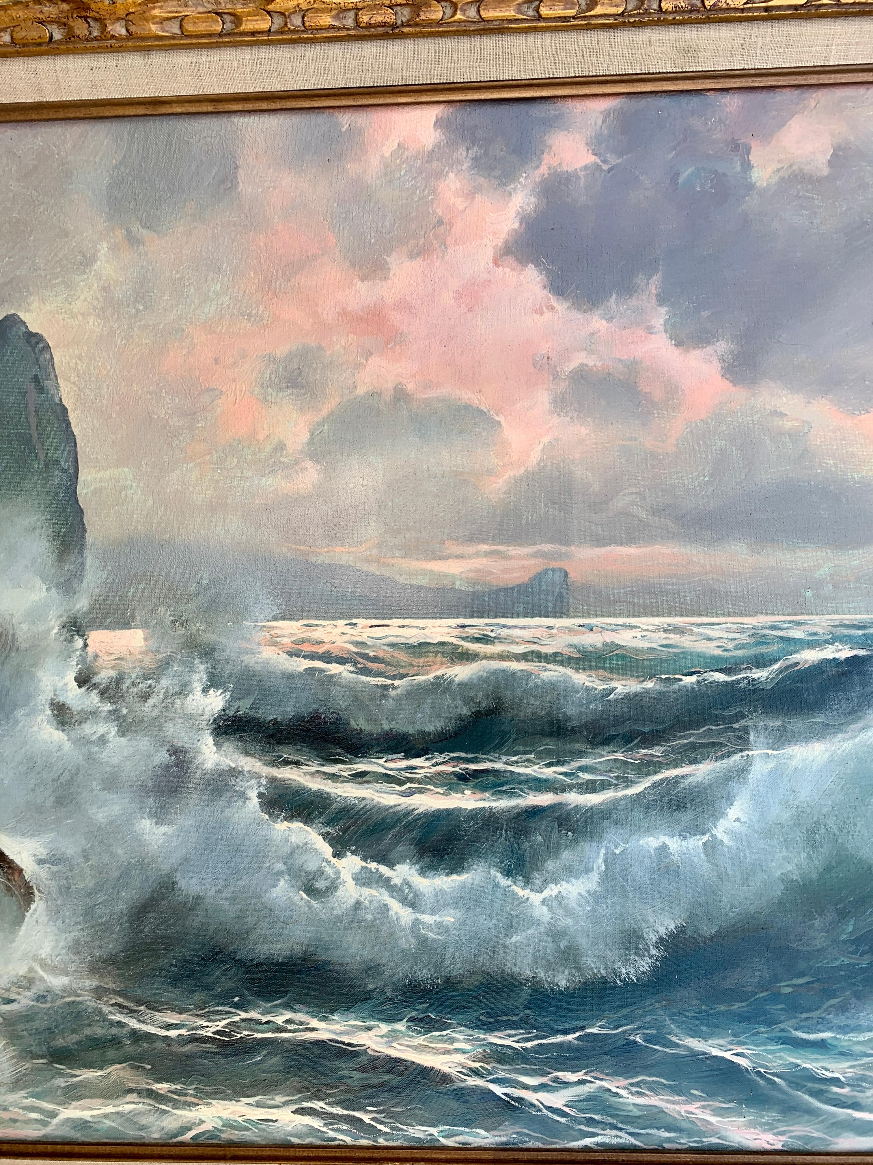 Southern Italian Coastal sea scene, waves crashing onto rocks, with sunsetting - Impressionist Painting by Guido Odierna