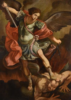 Antique Saint Michael Archangel Reni 17th Century Paint Oil on canvas Old master Italy
