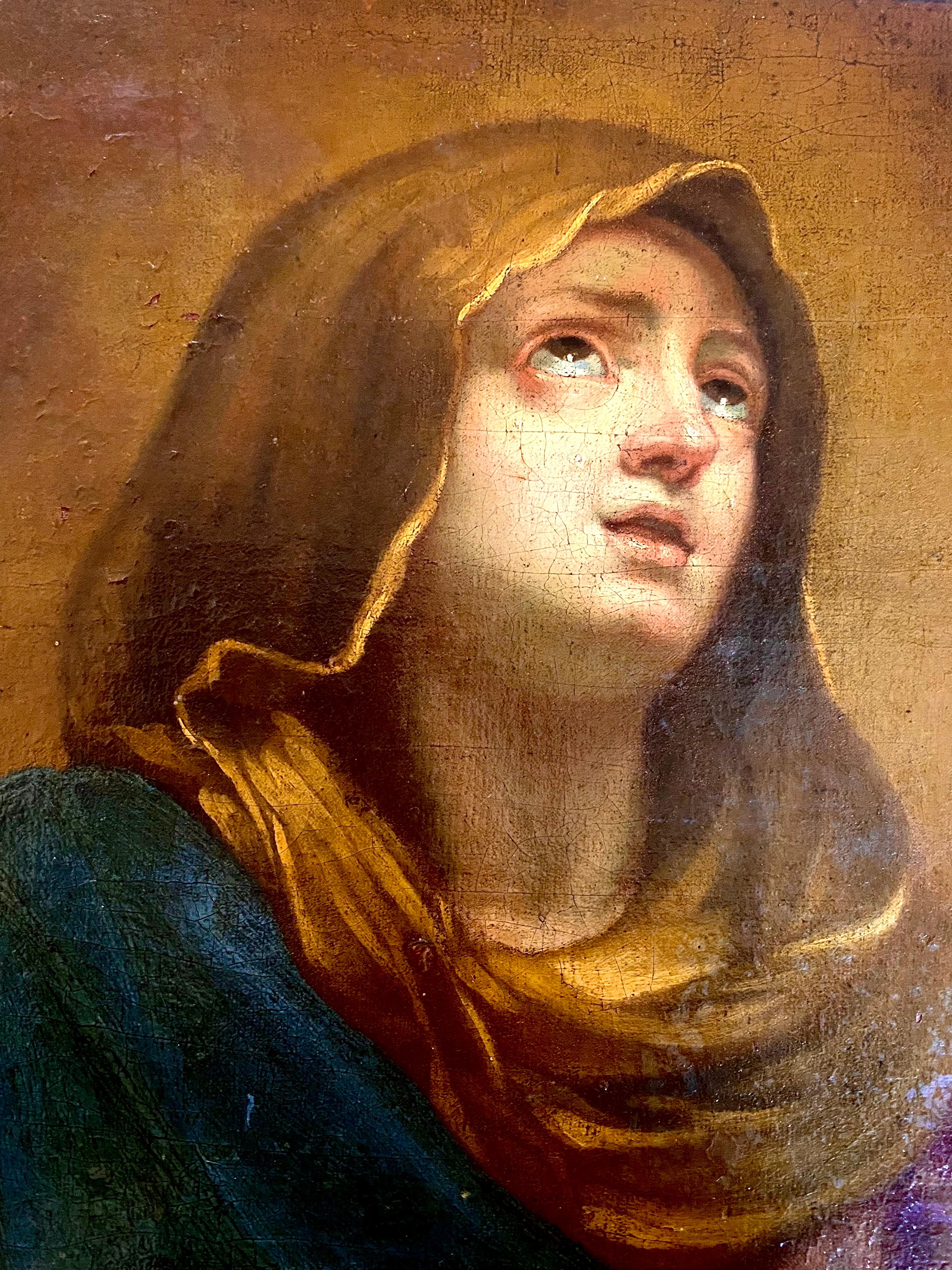 Prächtiges Gemälde, Öl auf Leinwand, Italienische Schule, 18. Jahrhundert, nach Guido Reni.
Zeigt eine betende Jungfrau.

Das Gemälde der Jungfrau ist wunderschön. Die Linien sind fein und elegant. Das Licht ist wunderschön. Die Linie ist äußerst