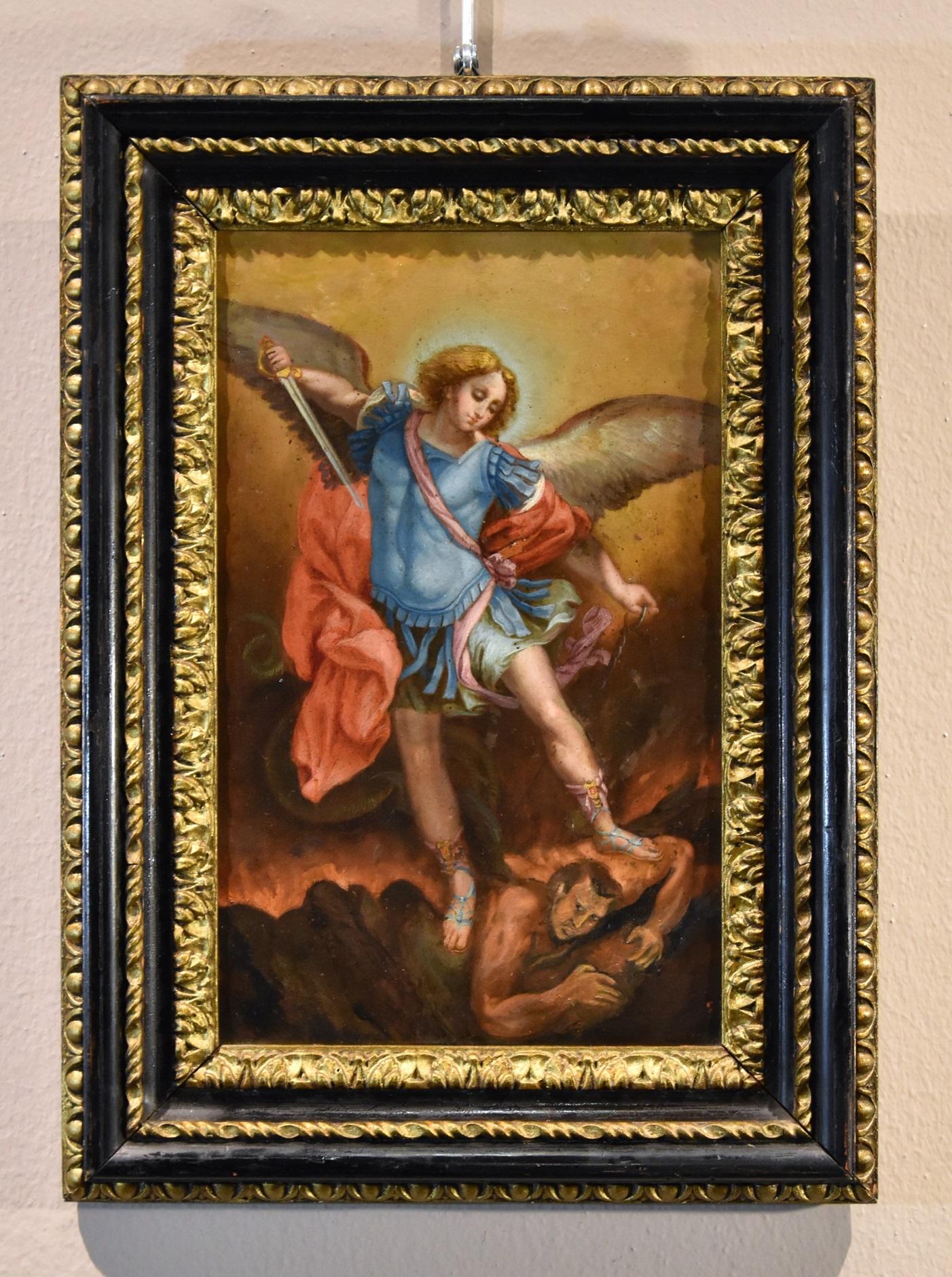 Saint Michael Archangel Guido Reni Paint 17th Century Oil on copper Old master - Old Masters Painting by  Guido Reni (Bologna 1575 - 1642)