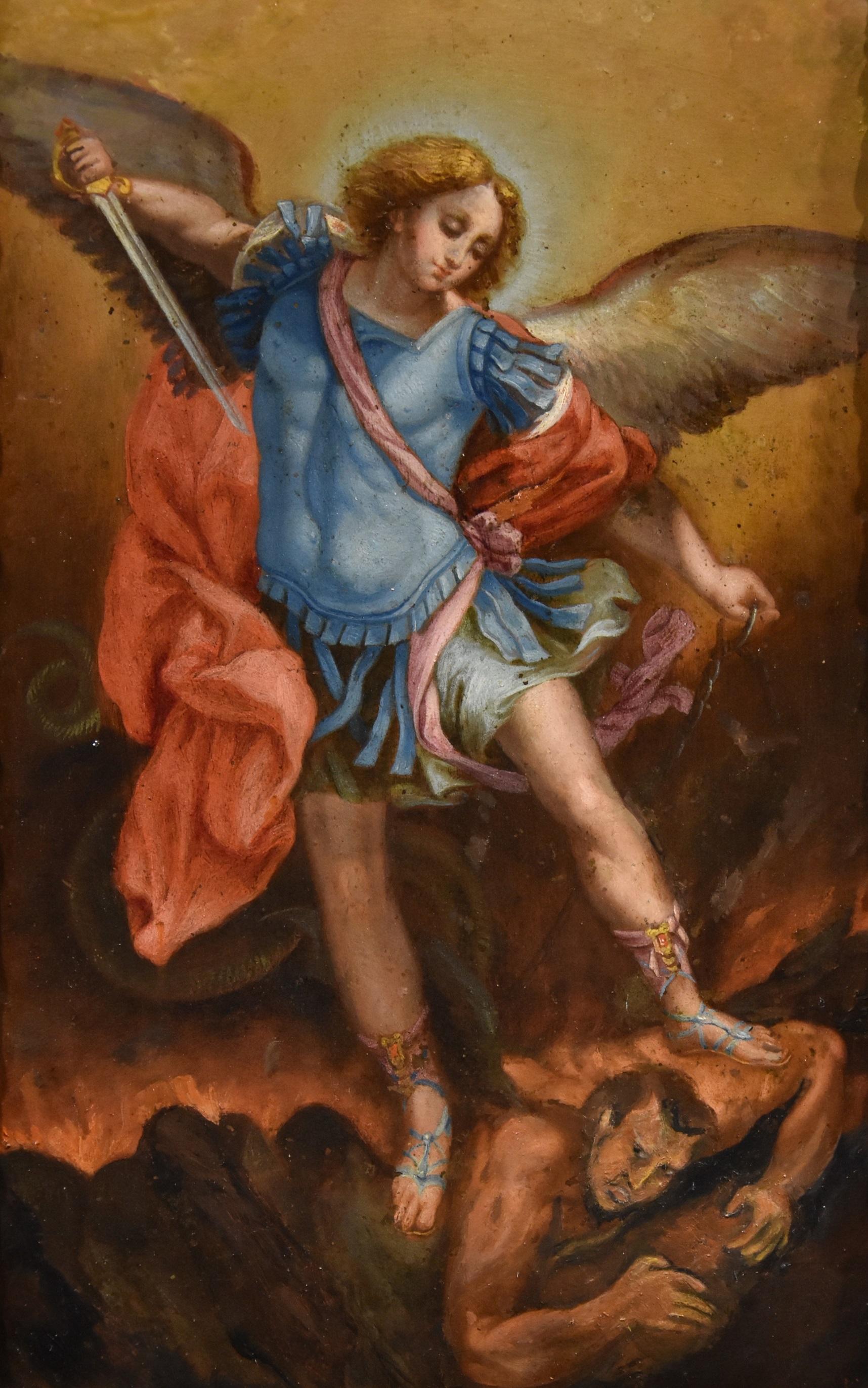 Saint Michael Archangel Guido Reni Paint 17th Century Oil on copper Old master - Painting by  Guido Reni (Bologna 1575 - 1642)