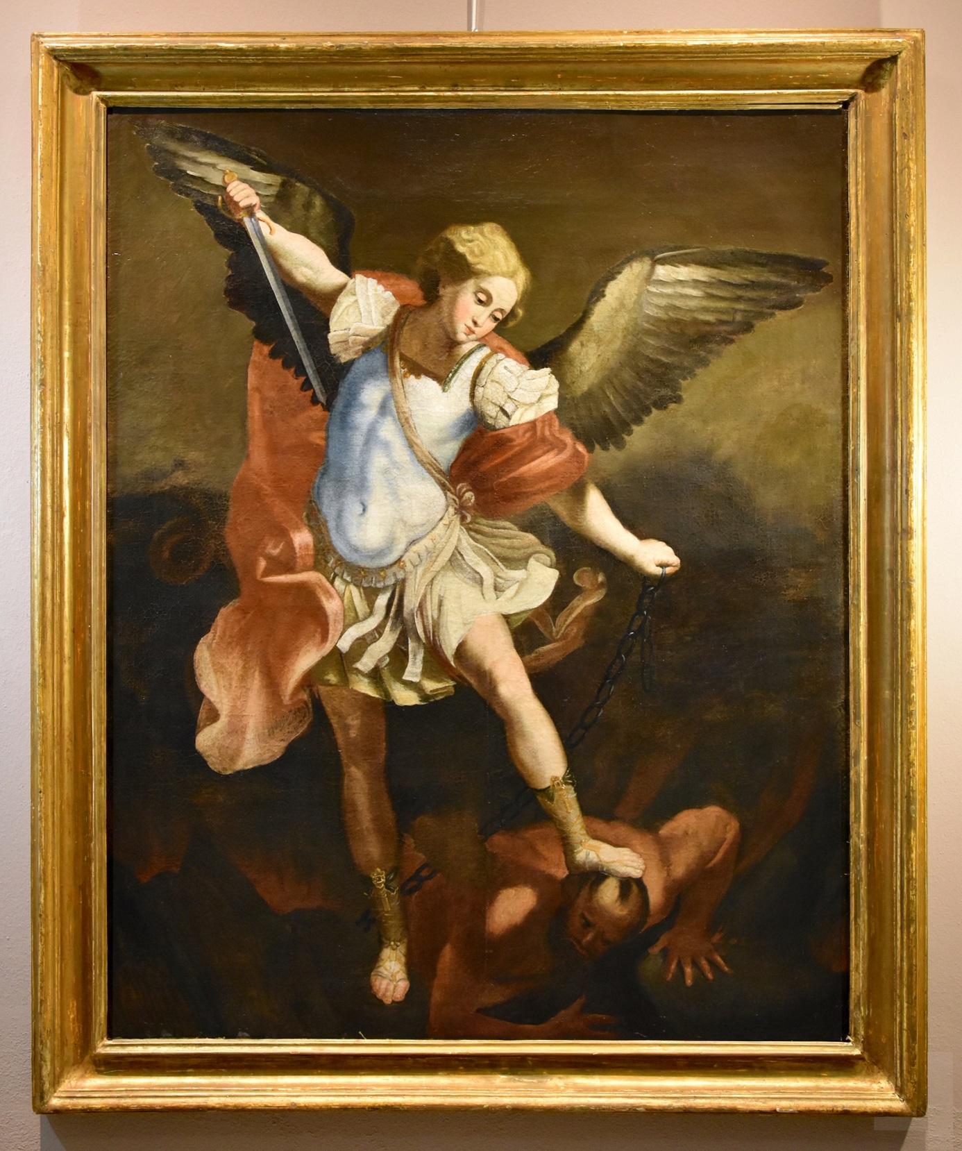 Saint Michael Archangel Reni 17th Century Paint Oil on canvas Old master Italy - Painting by Guido Reni (bologna 1575 - 1642) Workshop