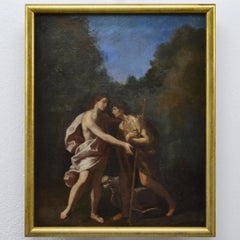 Pintura al óleo barroca de la escuela italiana del siglo XVII: «Cristo y Juan el Bautista», enmarcada
