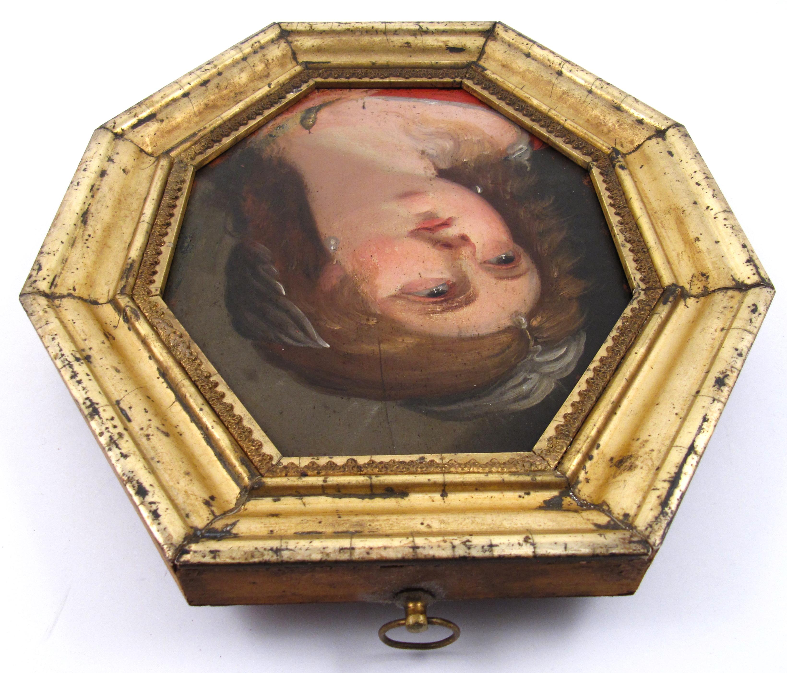 Italian School
By a follower of Guido Reni (1575-1642)

The Death of Cleopatra

•	17th Century
•	Oil on octagonal hewn oak panel, ca. 25 x 19 cm
•	Octagonal frame, constructed out of a 19th Century gilt frame, ca. 32.5 x 27 cm

Worldwide shipping is