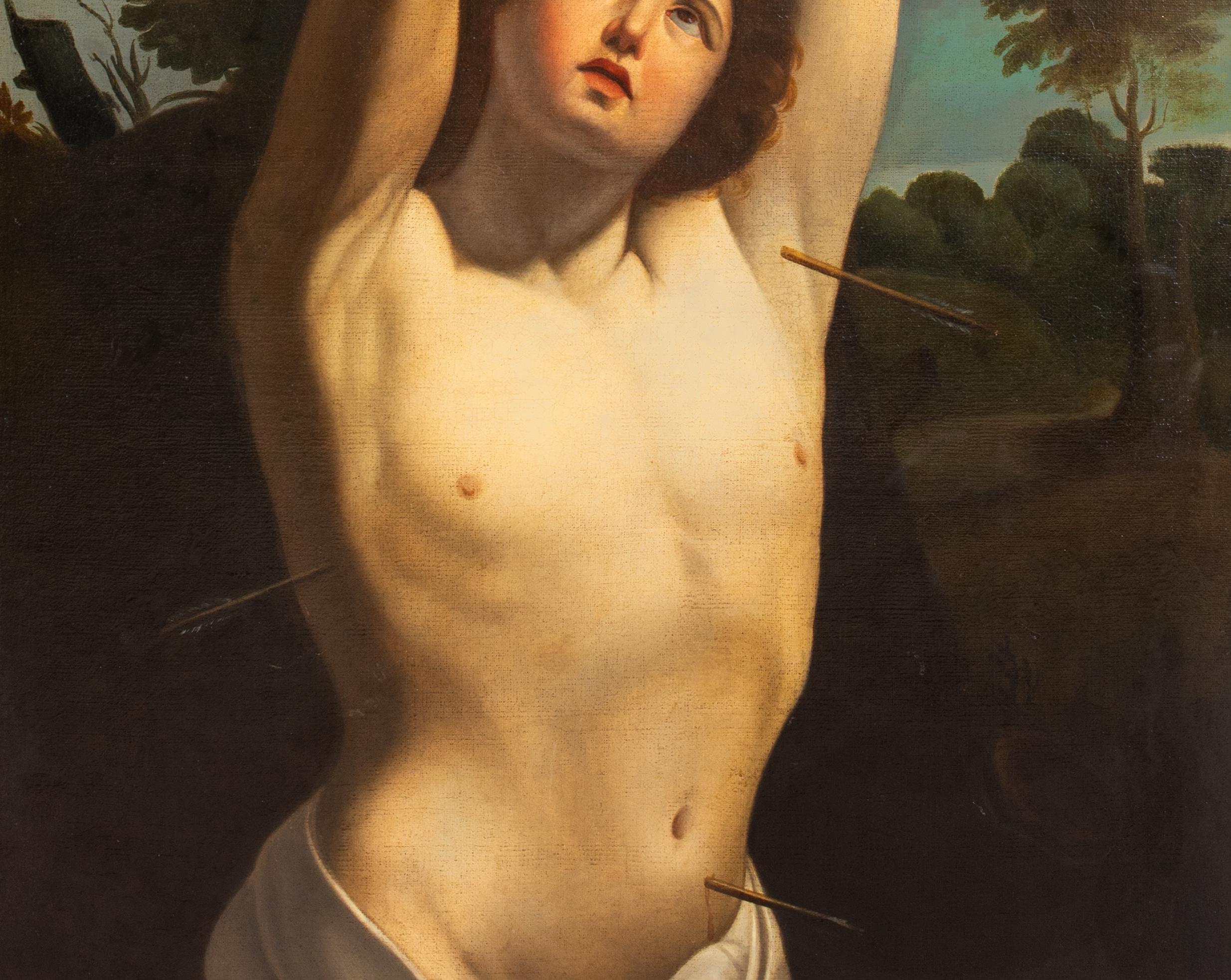 The Martyrdom Of Saint Sebastian, 17th Century 

after GUIDO RENI (1575-1642)

Large 17th Century Italian Old Master depiction of The Martyrdom of Saint Sebastian, oil on canvas. Excellent quality and condition depiction of the Saint Sebastian tied